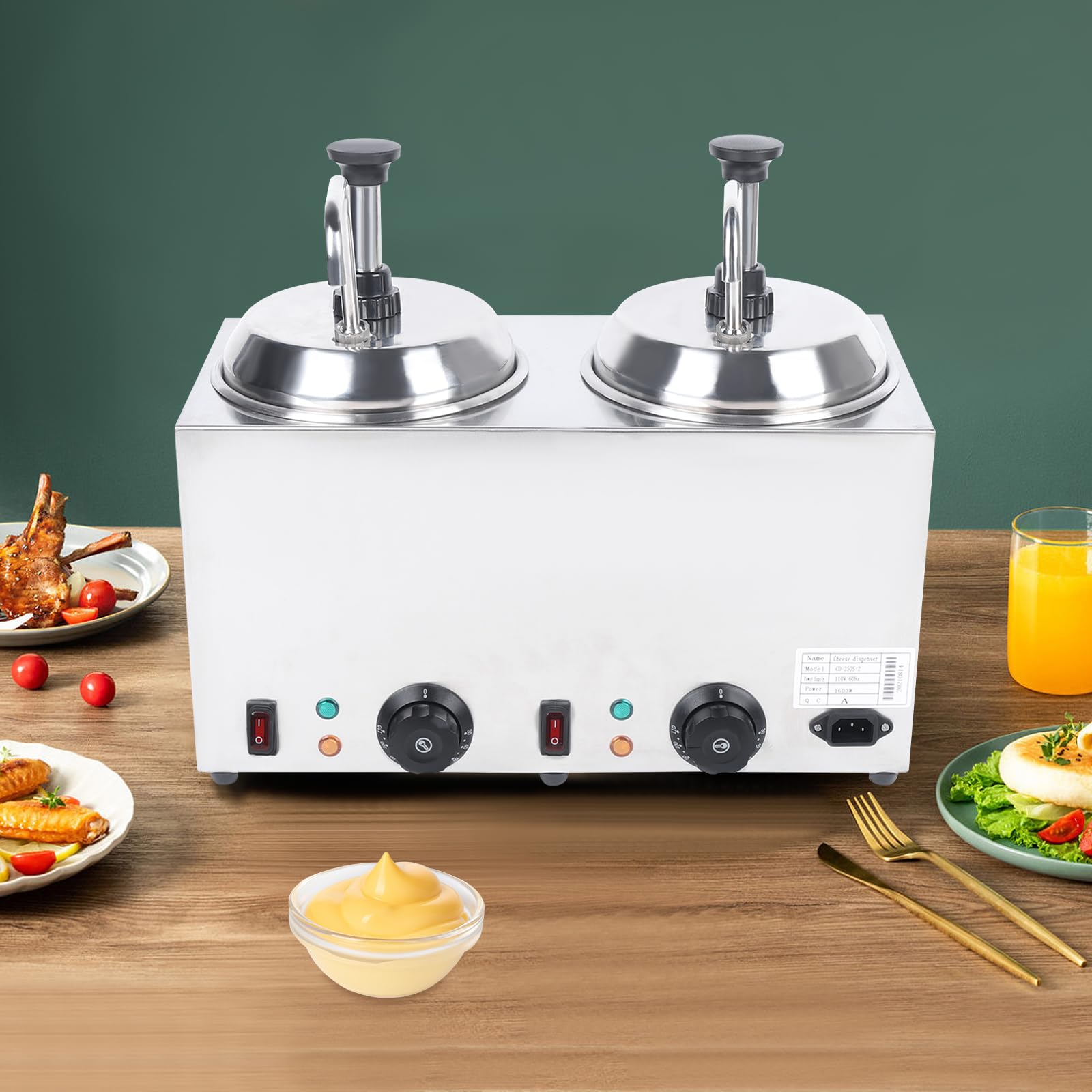Commercial Electric Nacho Cheese Warmer with Heated Spout & Pump - 2L x 2 Double Head Square Cheese Melting Machine - Hot Fudge, Caramel & Butter Sauce Warmer with Temperature Control - Perfect for Movie Theaters, Stadiums & Food Trucks