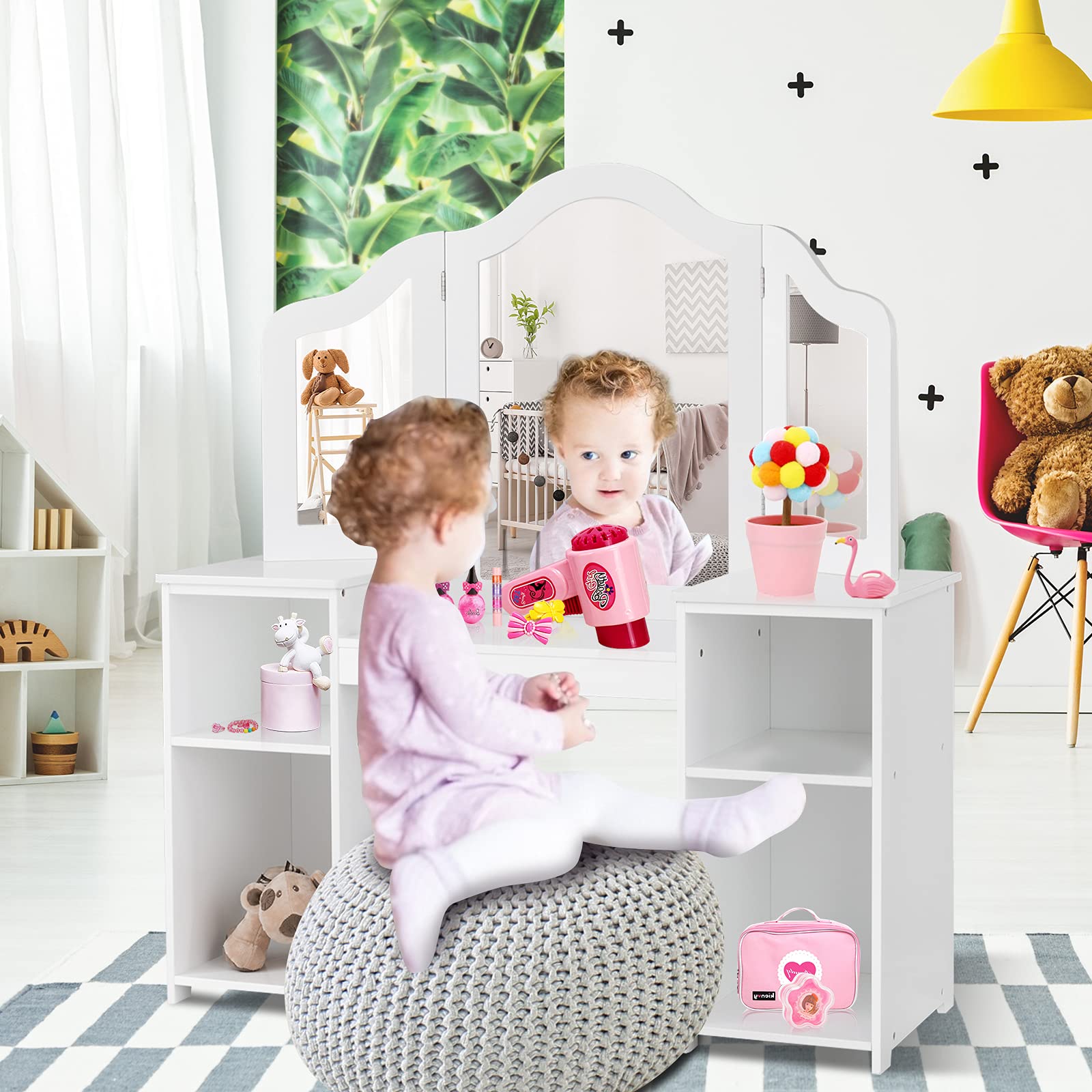 MAT EXPERT Kids Vanity Table Set with Tri-Folding Mirror - Wooden Princess Dresser with 4 Storage Shelves & Detachable Plastic Mirror - Pretend Play Makeup Dressing Table for Girls (White) - Perfect for Bedroom Decor & Imaginative Playtime