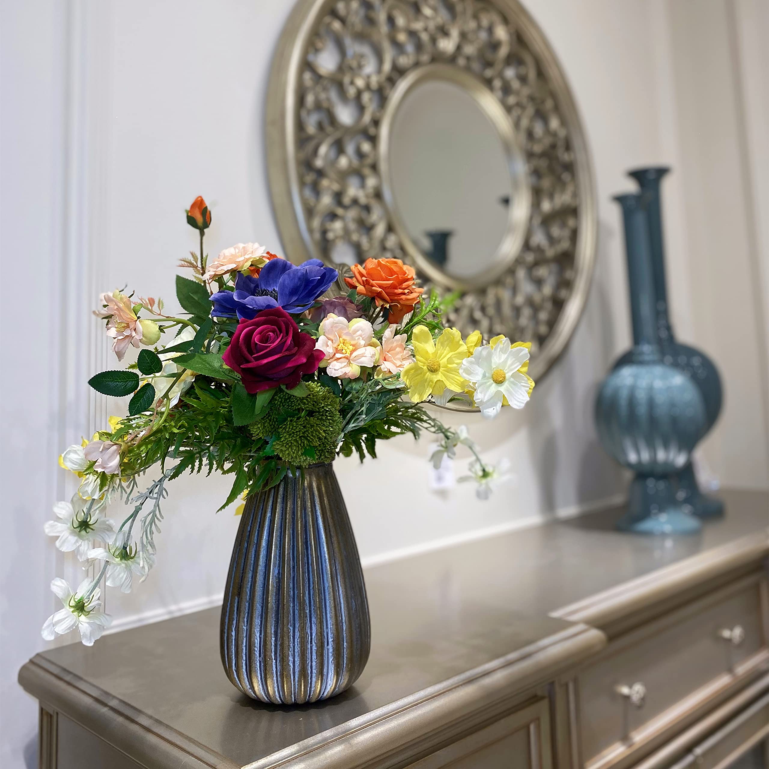 Artificial Faux Silk Flowers in Vase - Elegant Floral Centerpiece for Dining Table, Home Decor, Valentine's Day Gift (Spring Collection) | Perfect for Wedding, Party, Office & Living Room Decoration