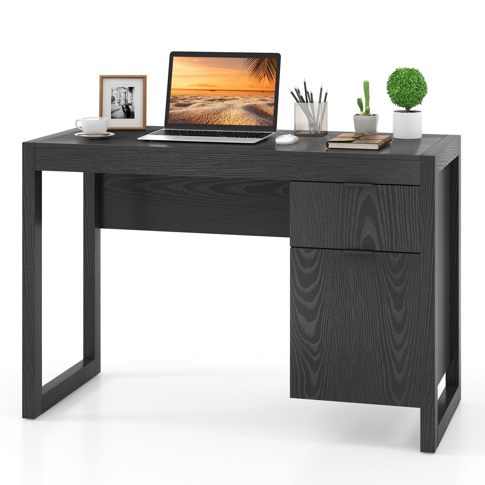 Tangkula White Wooden Computer Desk with Storage Cabinet & Drawer - Home Office Desk with Smooth Surface for PC Laptop Workstation, Study & Writing | Perfect for Small Spaces, Dorm Rooms & Home Offices (Black)