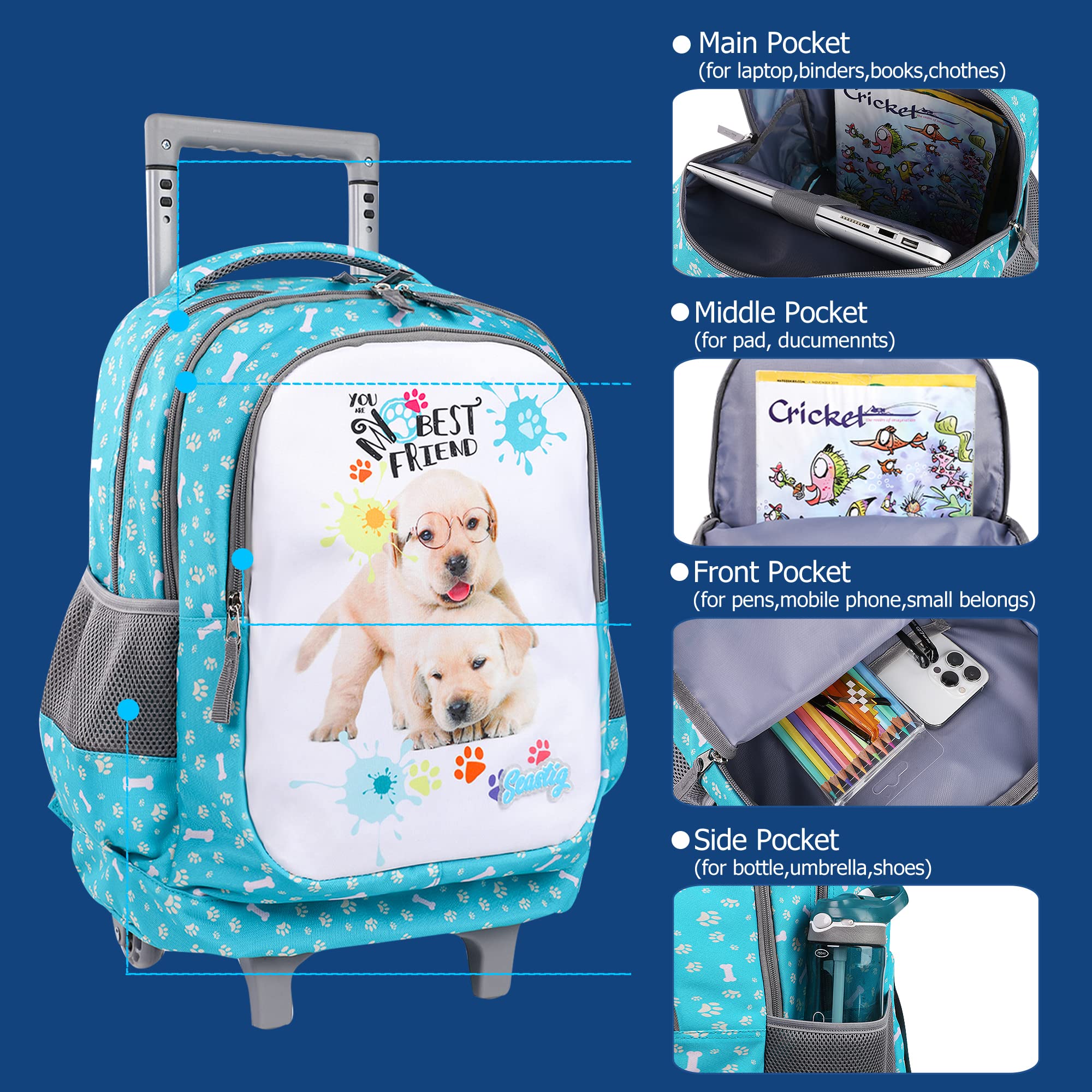Seastig 18 Inch Rolling Backpack for Kids - Wheeled School Backpack with Double Handle & Matching Lunch Bag Set | Durable Roller Backpack for Boys & Girls | Perfect for School, Travel & Daily Commute