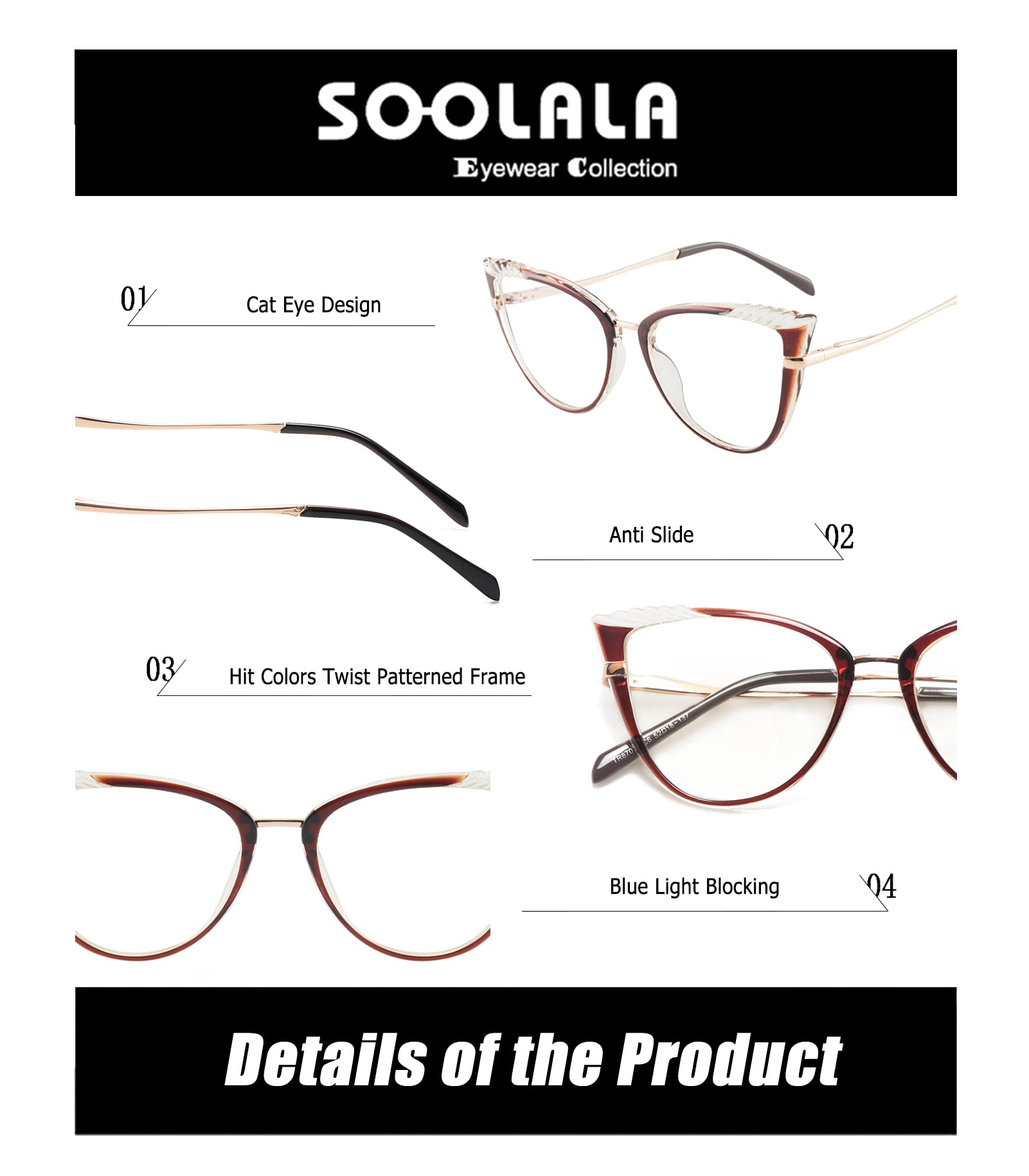 SOOLALA Women's Blue Light Blocking Glasses TR90 Lightweight Spring Hinged Cat Eye Reading Glasses for Computer Work & Reading - Stylish Eye Protection for Office, Home & Digital Screen Use