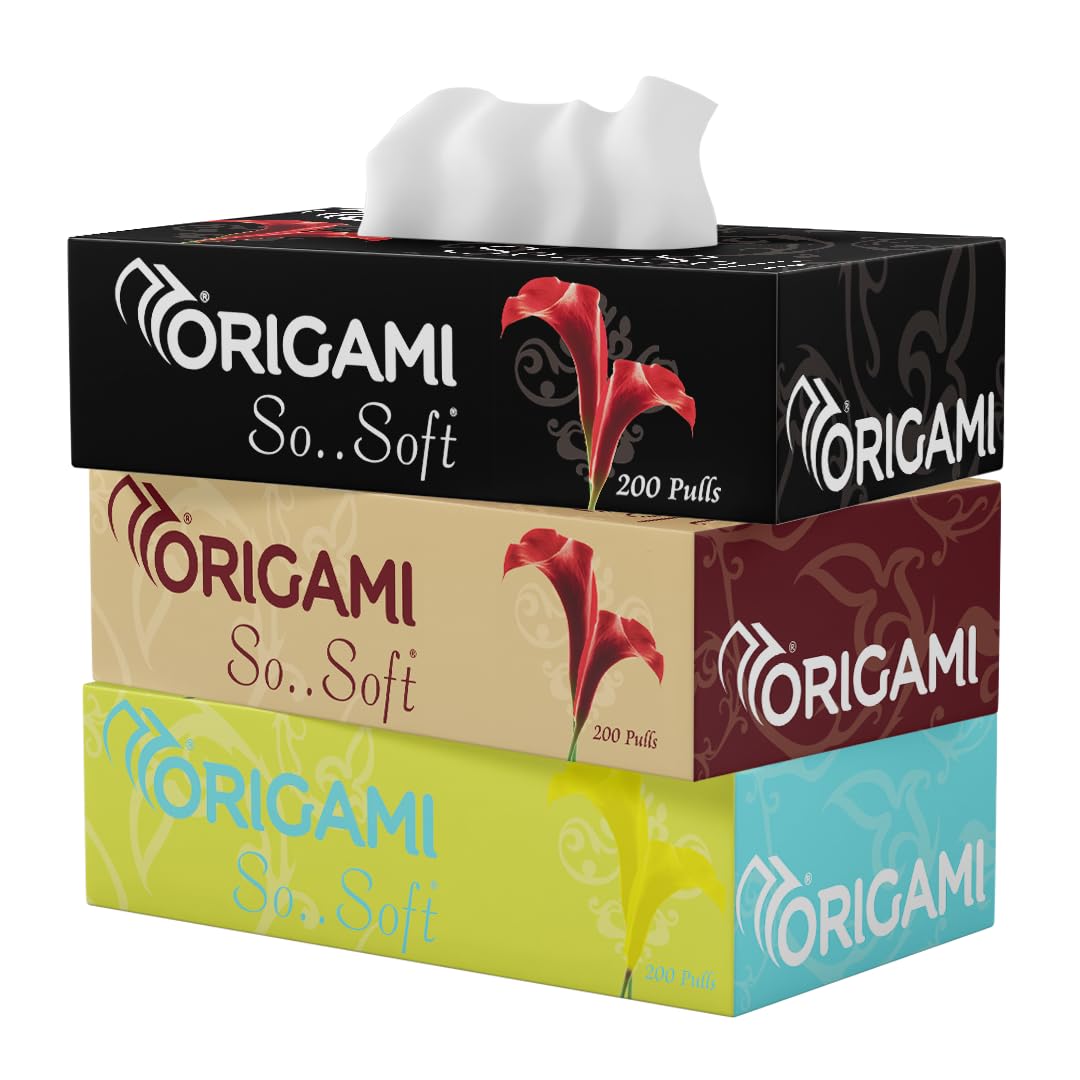 Premium Origami 2-Ply Facial Tissues - 3-Pack (600 Sheets Total, 200 Pulls Per Box) | Soft Car & Home Tissue Box for Travel, Office & Daily Use