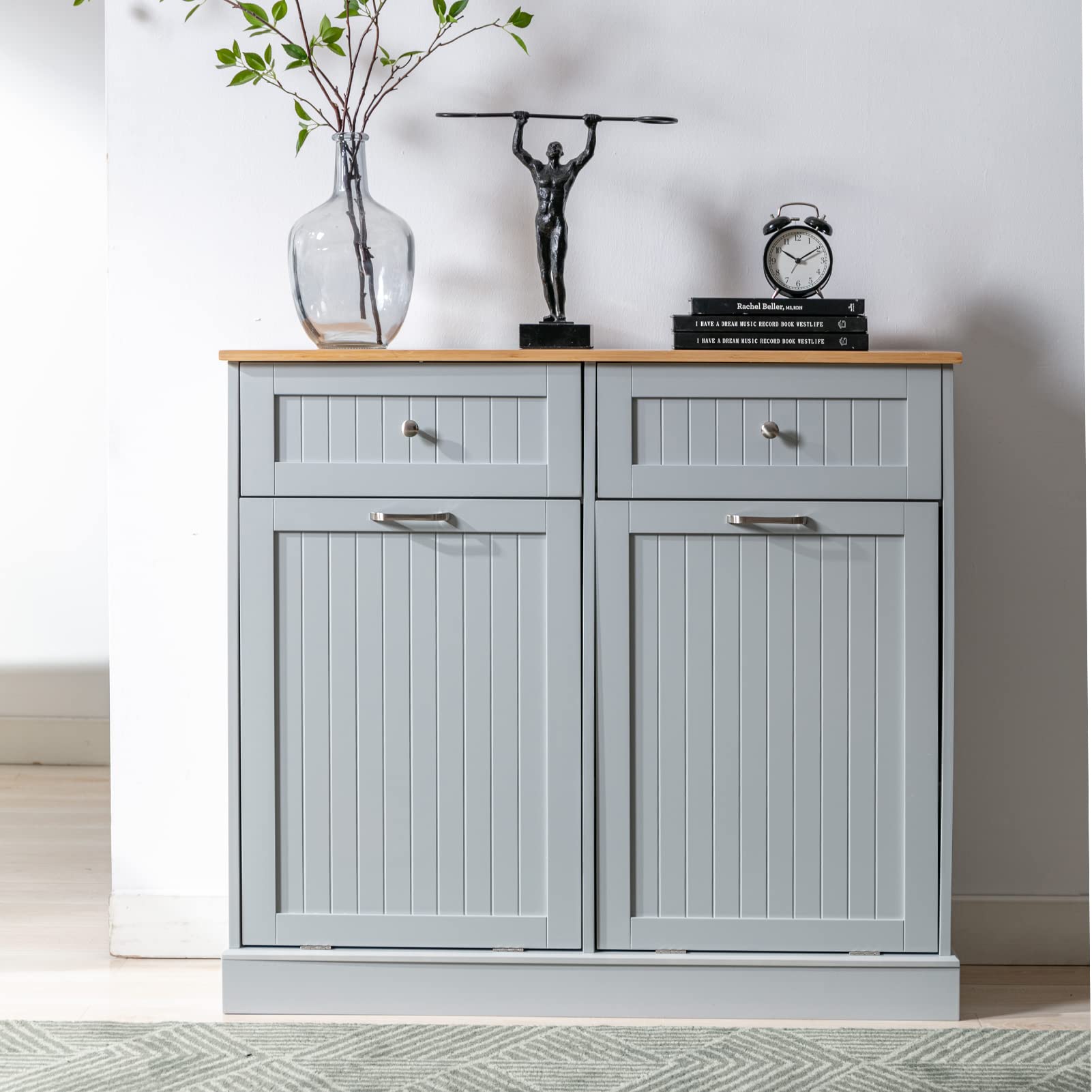 20 Gallon Double Trash Cabinet with Tilt-Out Drawers - Pet Proof Kitchen Waste Station, Wooden Recycling Hideaway with Built-in Cutting Board & Laundry Hamper (Grey) - Perfect for Kitchens, Laundry Rooms & Garages