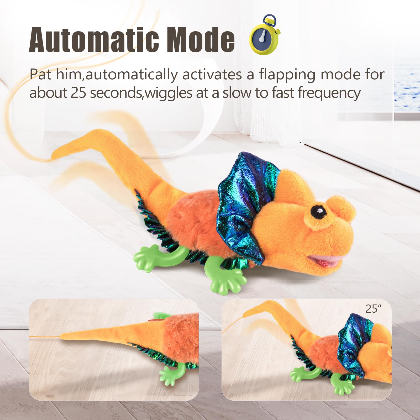 Migipaws Interactive Cat Toys - Touch Activated Flapping & Chirping Lizard Kitten Toy with Catnip | Rechargeable Battery | Perfect for Indoor Cats Play & Exercise (Orange)