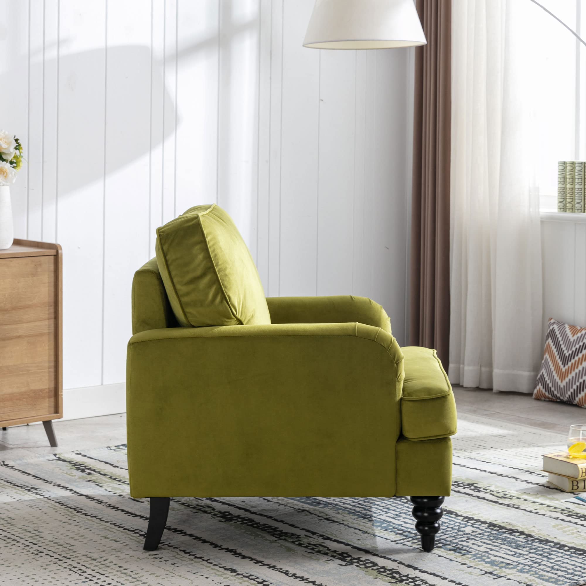 Midcentury Modern Velvet Accent Chair - Comfy Armchair for Reading & Relaxing, Single Sofa Couch in Olive Green - Perfect for Bedroom, Living Room & Salon Decor