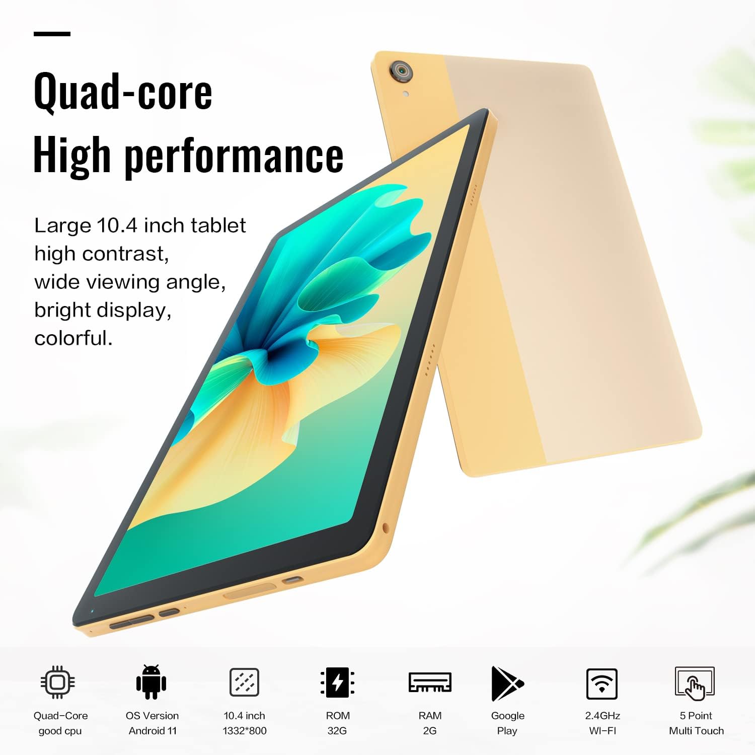 10.4 Inch Android Tablet - 2GB RAM, 32GB ROM (Expandable to 128GB), Quad-Core Processor, IPS HD Touch Screen (1332x800), GPS, WiFi, Dual Camera, Bluetooth, 5000mAh Battery - Perfect for Work, Study, and Entertainment