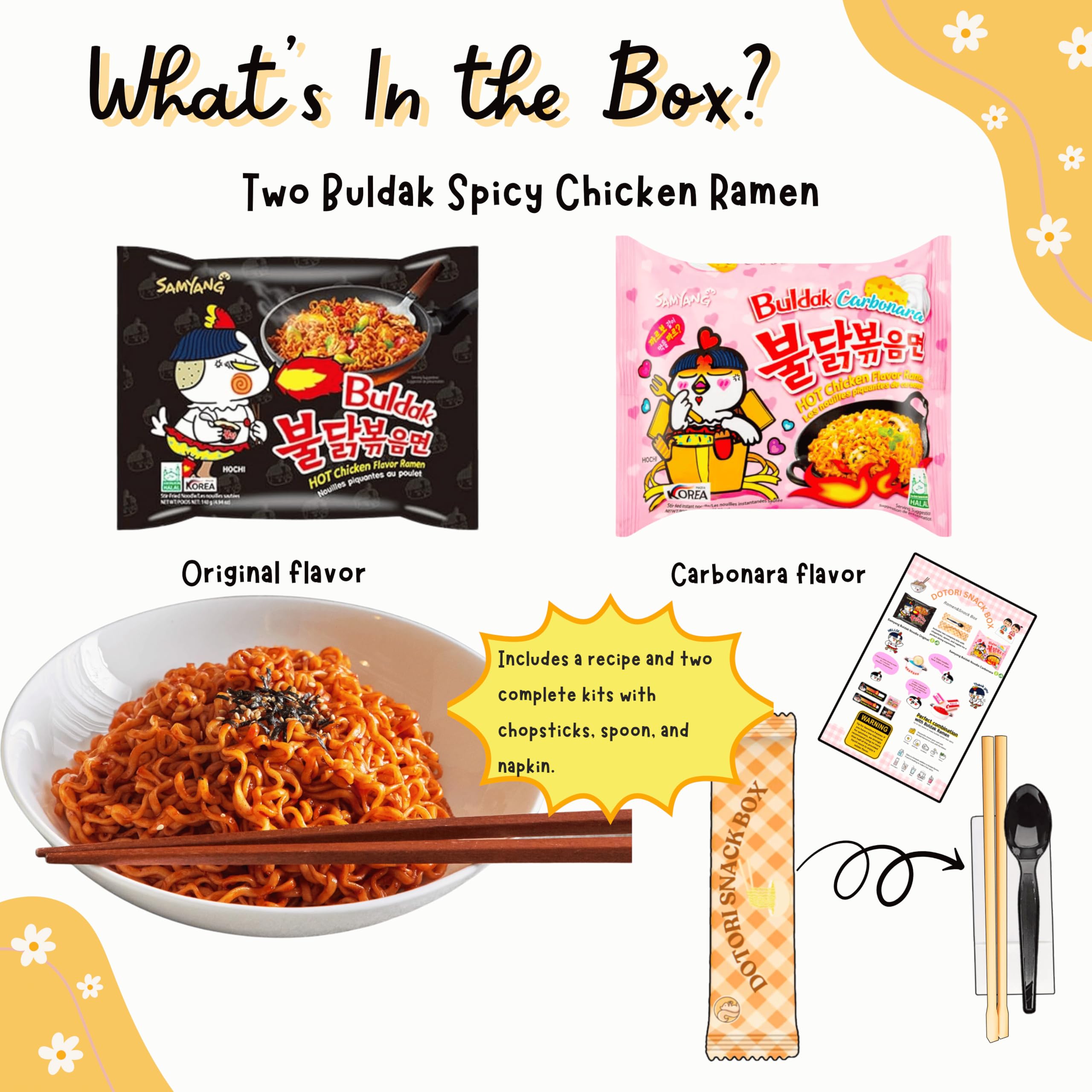 Premium DOTORI Asian Snack Box - Korean Spicy Chicken Noodles (Buldak Original/Carbonara), Exotic International Snacks - Perfect Gift for Friends, Family & Coworkers - Great for Parties, Office Treats & Care Packages