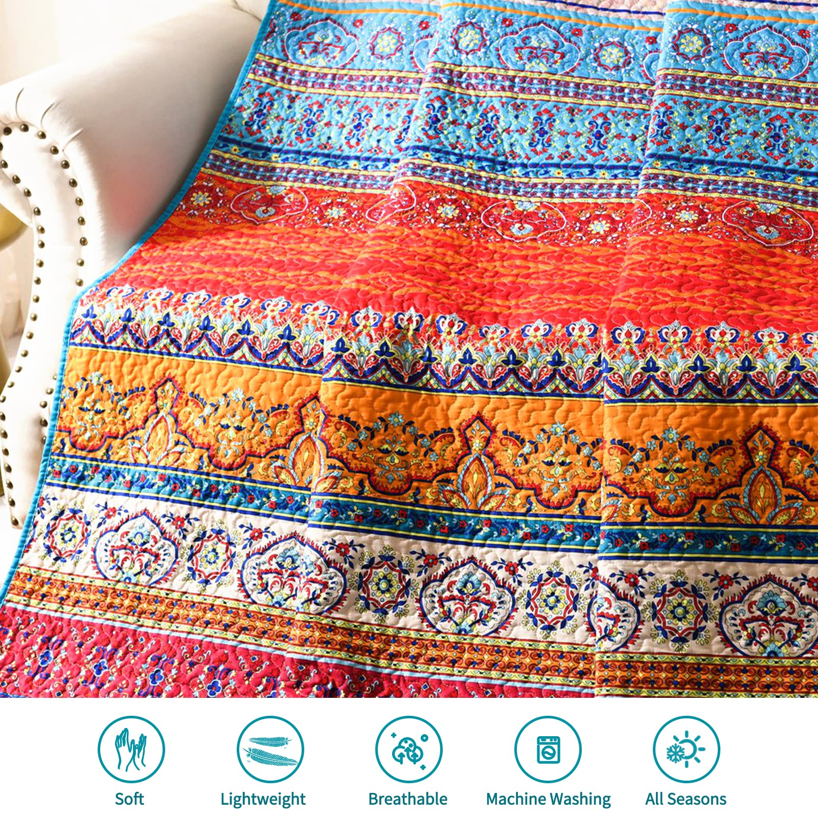 Soft Microfiber Reversible Bohemian Quilt Throw Blanket - Red Blue Striped Boho Design for Twin Bed & Couch - 50