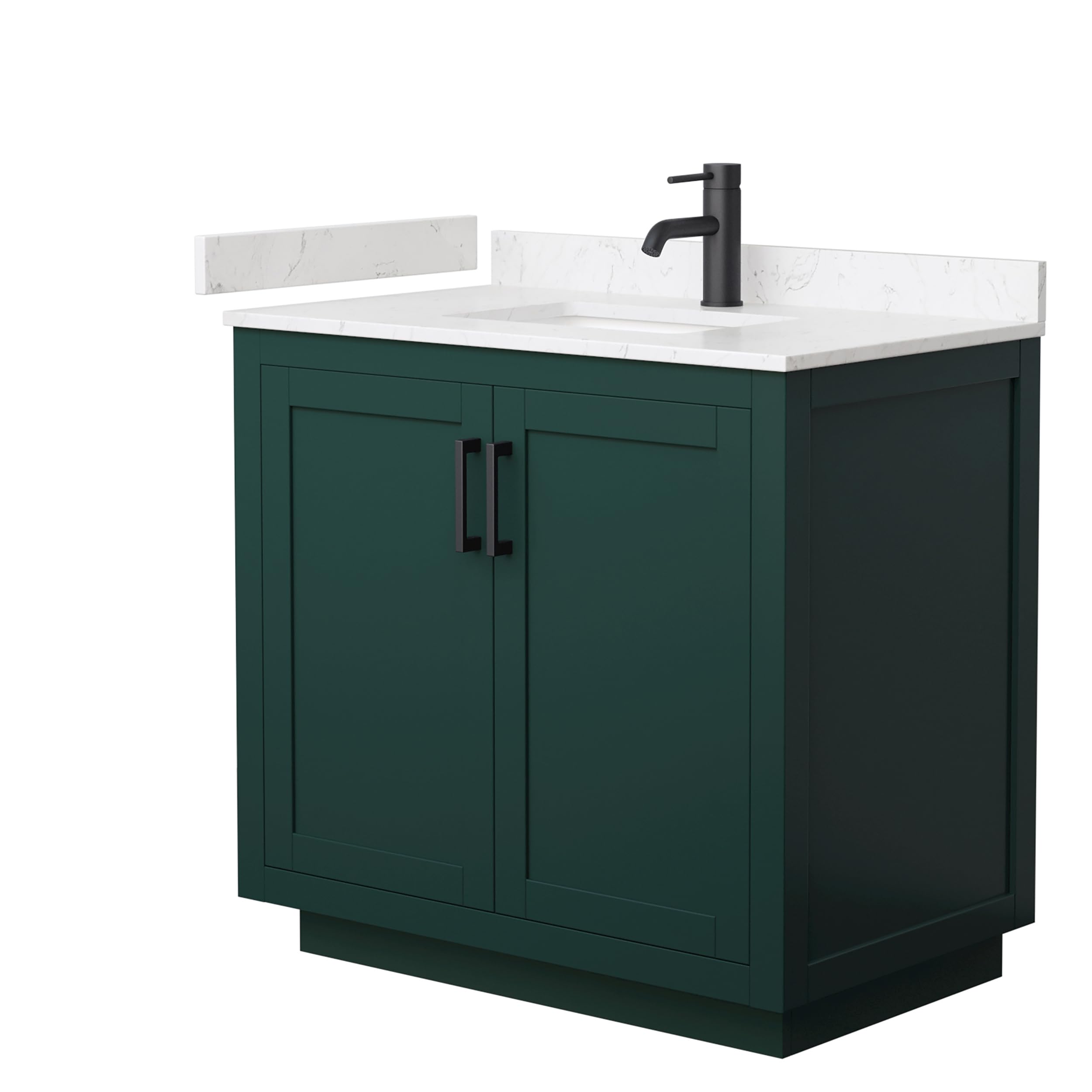 Wyndham Collection Miranda 36 Inch Green Bathroom Vanity with Light-Vein Carrara Cultured Marble Countertop & Undermount Square Sink - Matte Black Trim - Perfect for Modern Bathrooms, Guest Baths & Small Space Remodels
