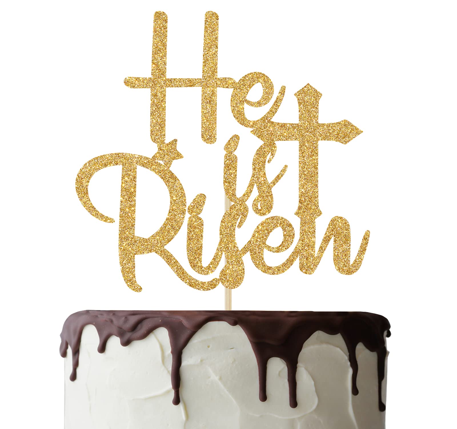 He is Risen Cake Topper - Gold Glitter Jesus Cross Easter Cake Decorations for Easter Party Supplies & Religious Celebration