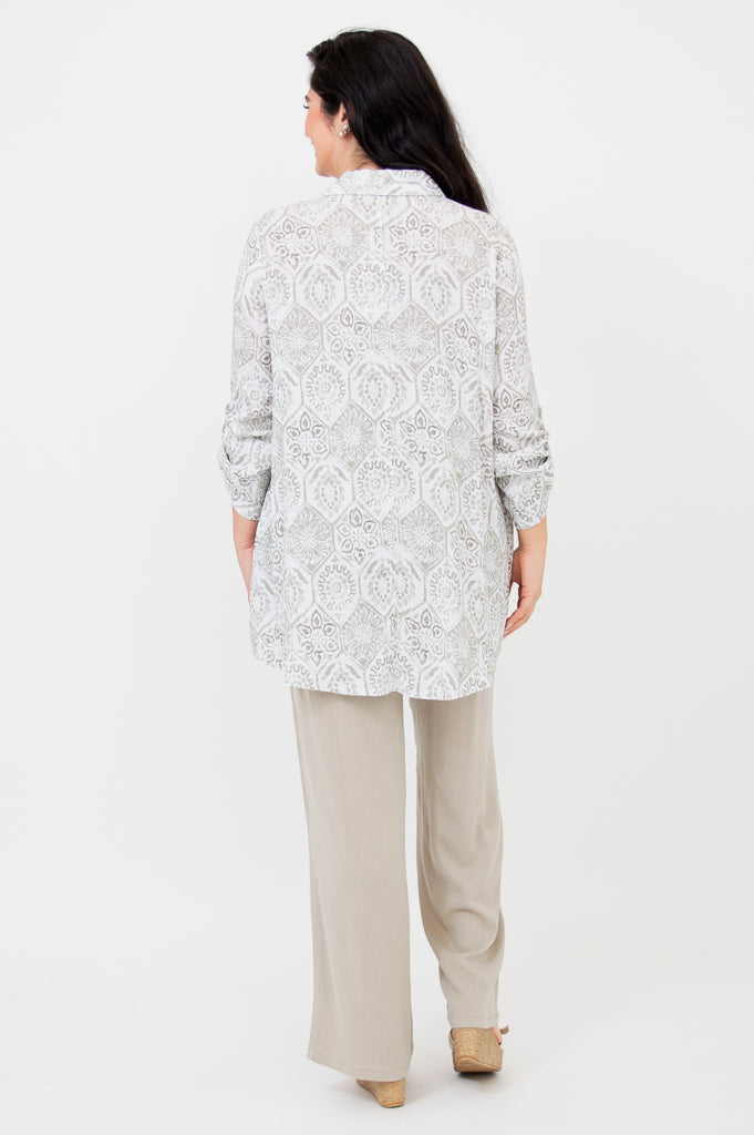 Celine Blouse Women's Mosaic Print Linen Bamboo Blend Shirt - Perfect for Office Wear, Casual Outfits & Summer Dresses