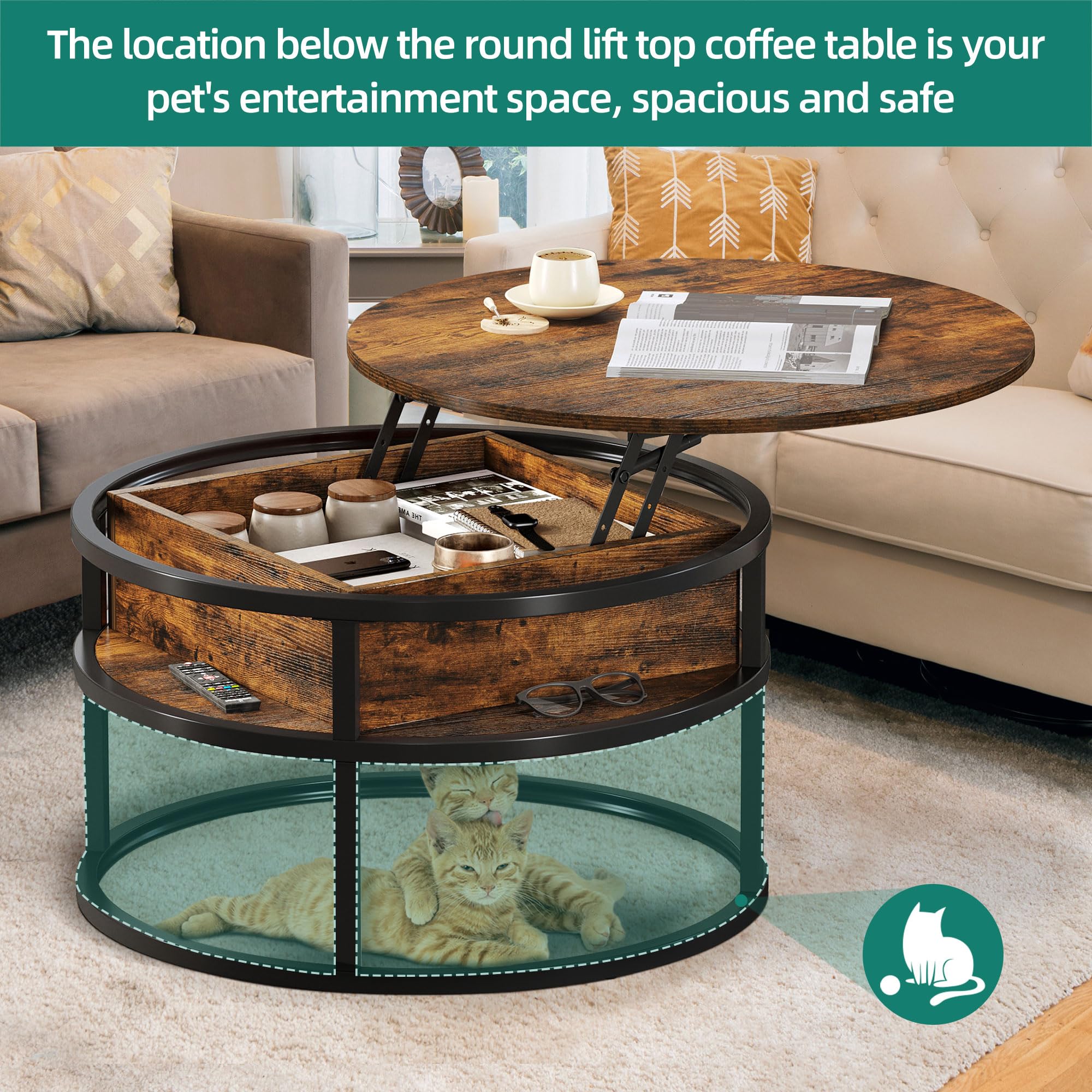 YITAHOME Round Lift Top Coffee Table with Hidden Storage Compartment - Modern Wood Center Table for Living Room, Home Office - Rustic Brown | Perfect for Small Spaces, TV Lounging & Entertaining Guests
