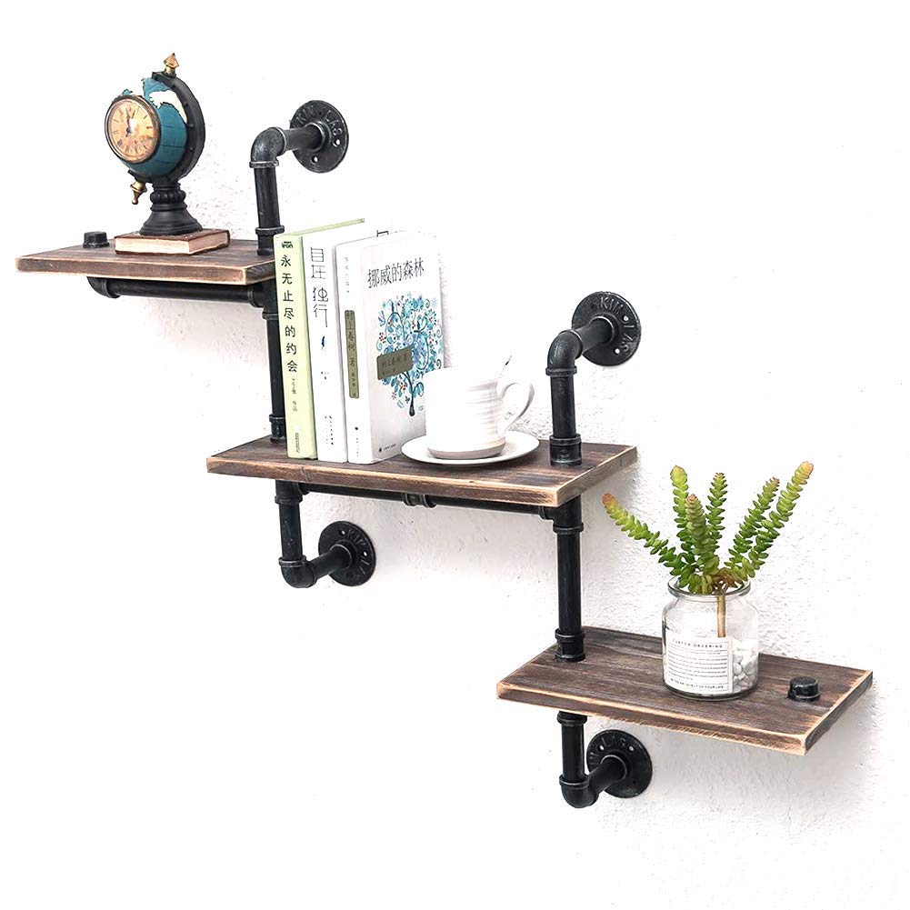 Steampunk Industrial 3-Layer Wall-Mounted Tube Corner Rack - Vintage Wooden Floating Shelf for Bathroom, Books & Home Decor | Perfect for Steam Punk Decor, Small Space Storage & Vintage Style Interiors