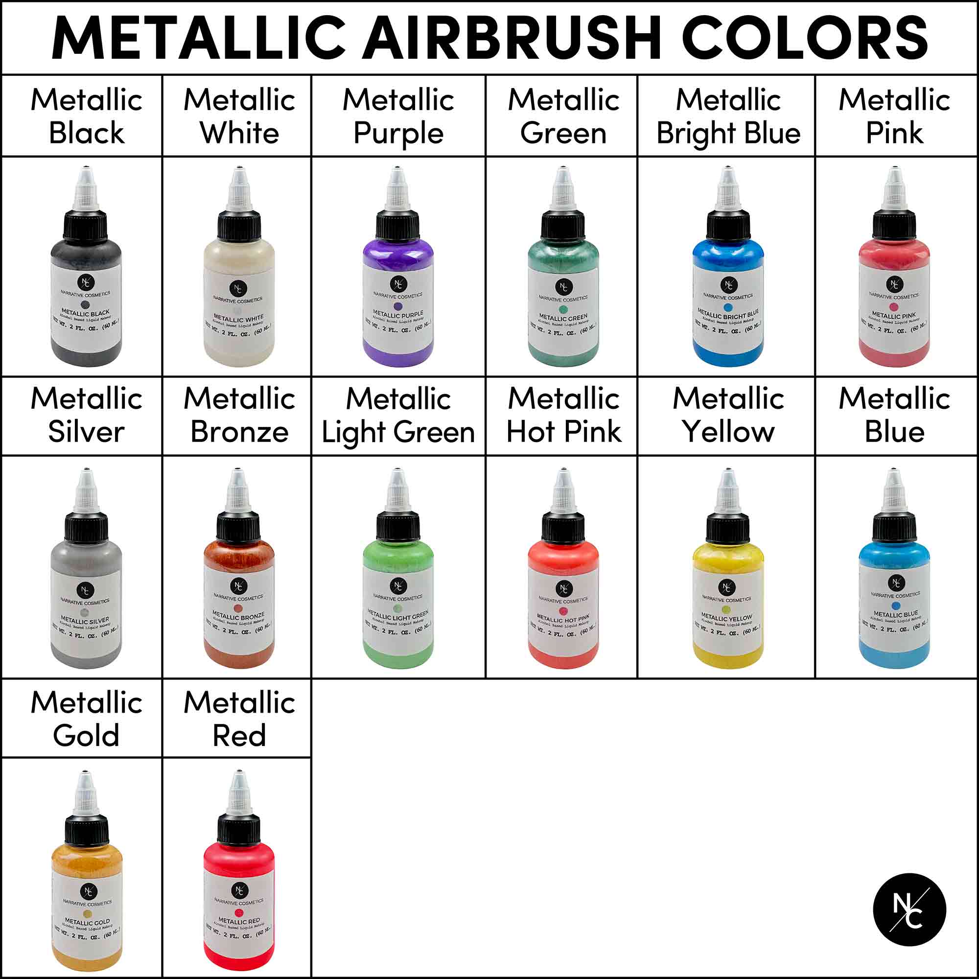 Premium Metallic Alcohol Airbrush Paints - 2 fl oz (60ml) for Custom Automotive, Motorcycle & Model Painting - High Pigment, Fast Drying Airbrush Colors for Artists & Hobbyists