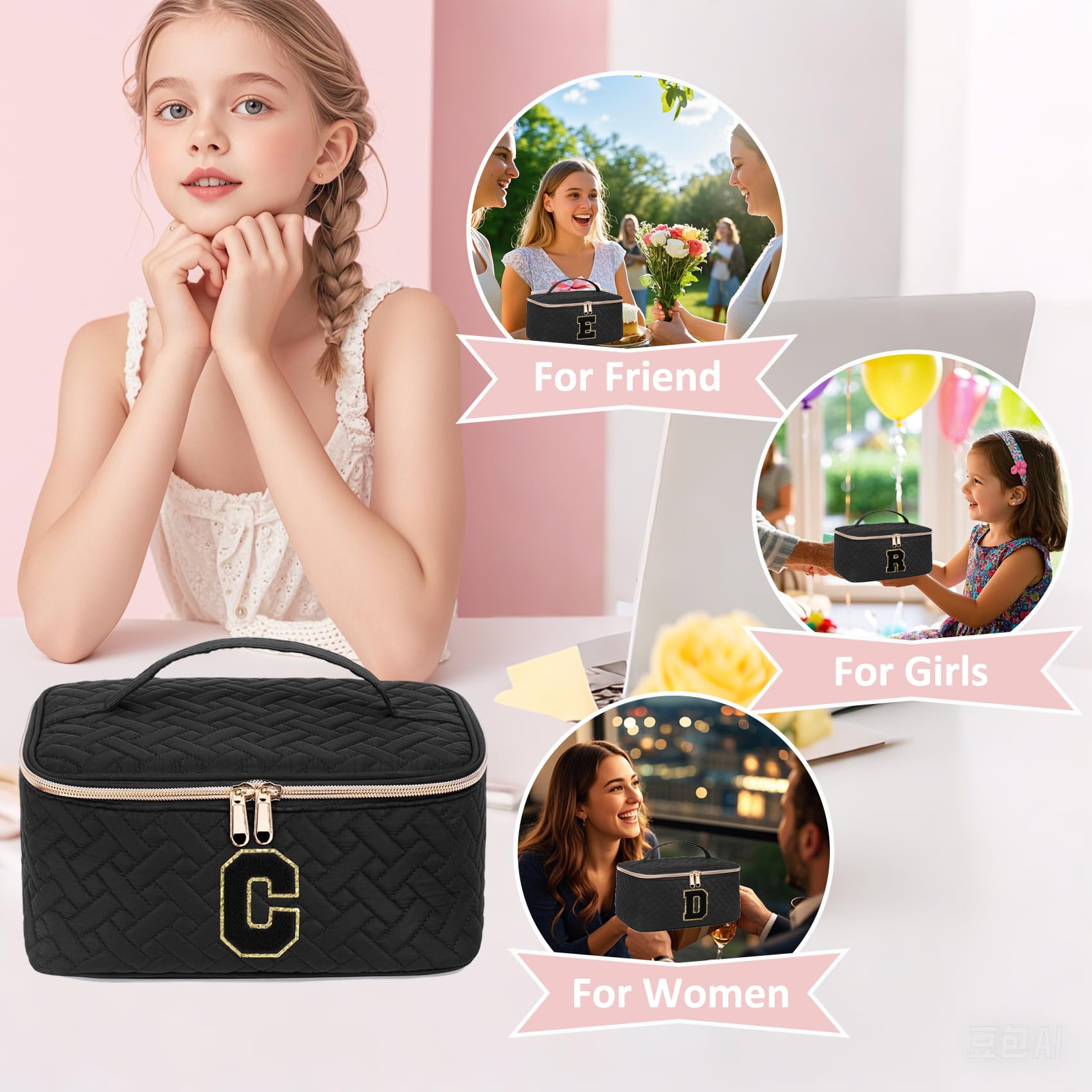 Personalized Chenille Letter Makeup Organizer Bag for Girls & Women - Custom Initial Cosmetic Pouch with Zipper | Trendy Preppy Quilted Portable Makeup Case | Perfect Birthday Gift for Teens & Friends (Large) | Great for Travel, School & Daily Beauty Essentials Storage