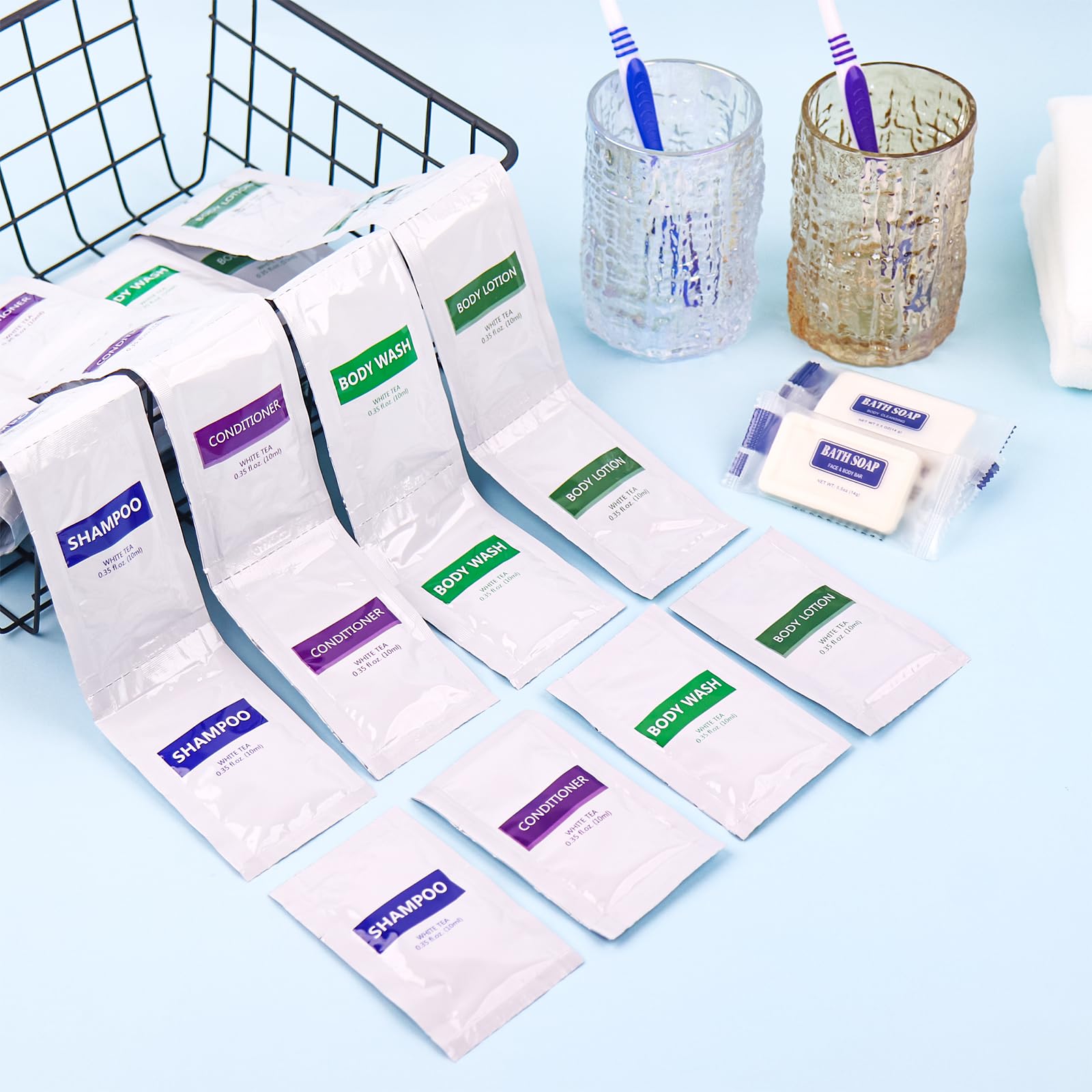 5-in-1 Travel Toiletries Bulk Set (50 Pcs) - 10x Body Wash, 10x Shampoo, 10x Conditioner, 10x Lotion, 10x Bar Soap - Mini Hotel Amenities for Guests, Travel, Vacation & Hospitality Supplies
