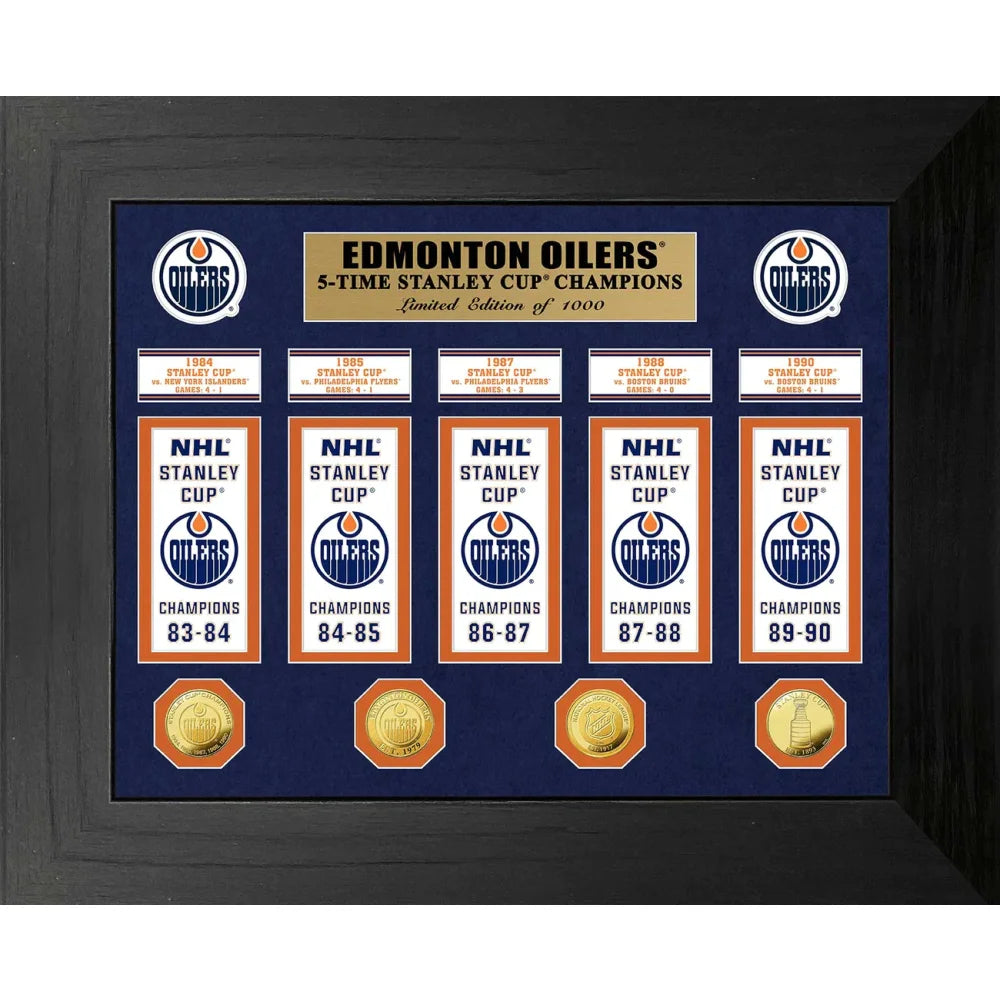 Edmonton Oilers Stanley Cup Champions Banner & Gold Coin Framed Collage - Perfect for Hockey Fans, Man Cave Decor, and Sports Memorabilia Collectors