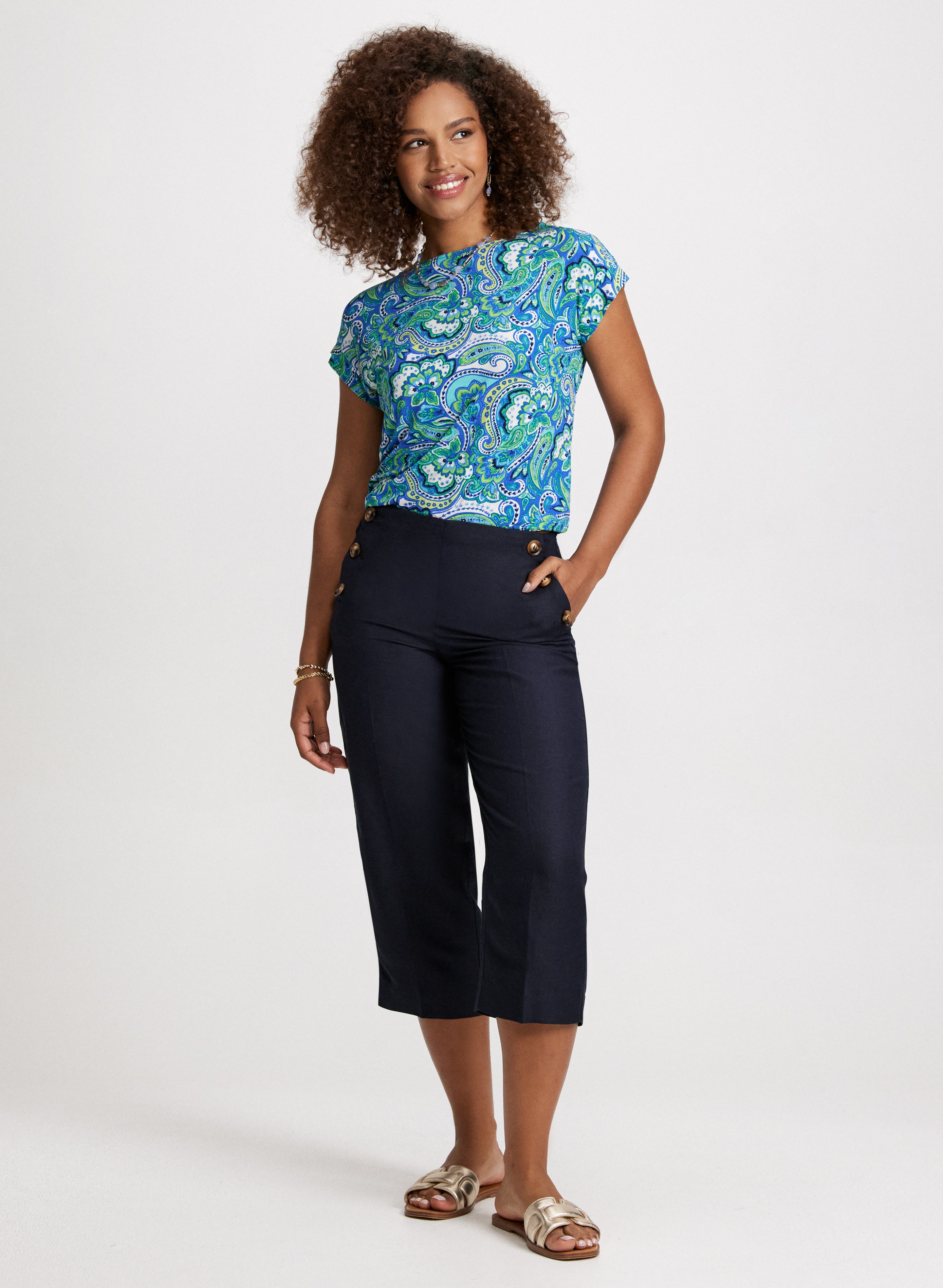 Cuffed Sleeve Paisley Print Blouse & Wide Leg Linen Blend Capris Set - Women's Stylish Summer Outfit for Casual Wear and Beach Vacation