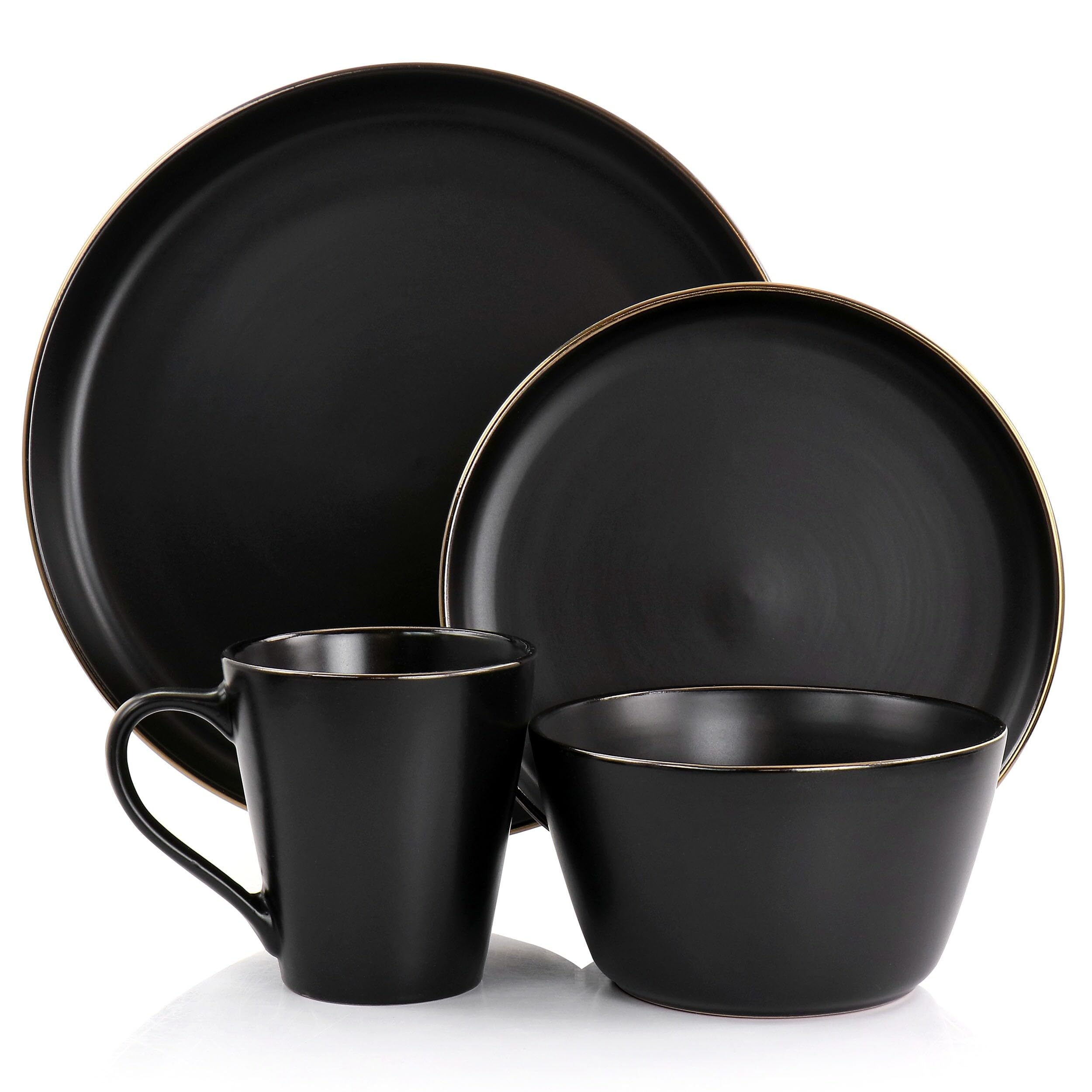 16-Piece Black Stoneware Dinnerware Set with Gold Rim - Elegant & Durable Round Plates, Bowls - Dishwasher & Microwave Safe for Everyday Dining & Entertaining