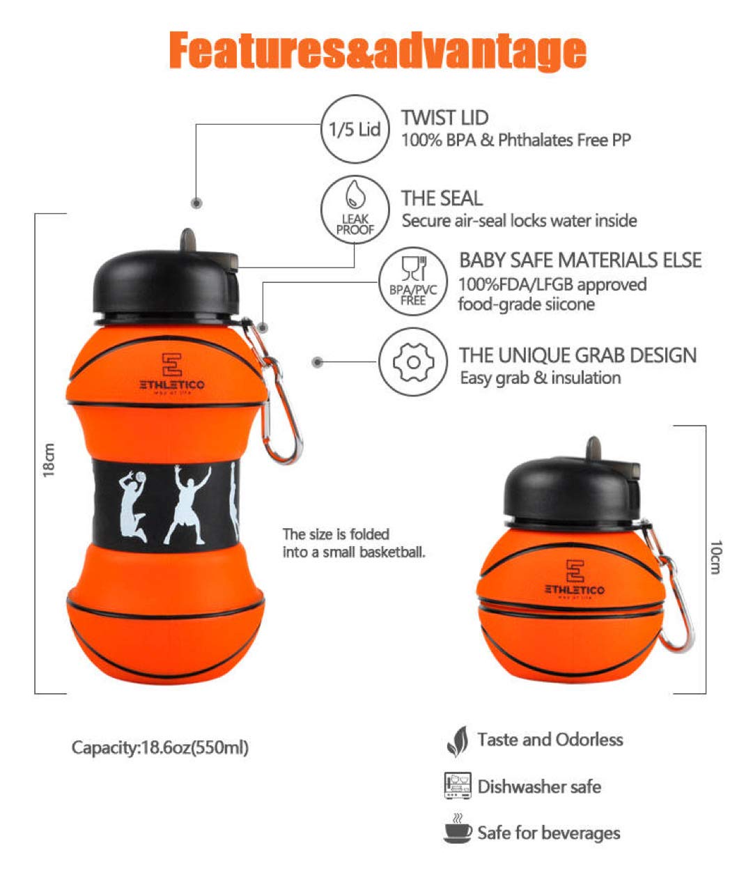 Collapsible Water Bottle 19oz - Leakproof Sports Bottle for Hiking, Gym & Travel