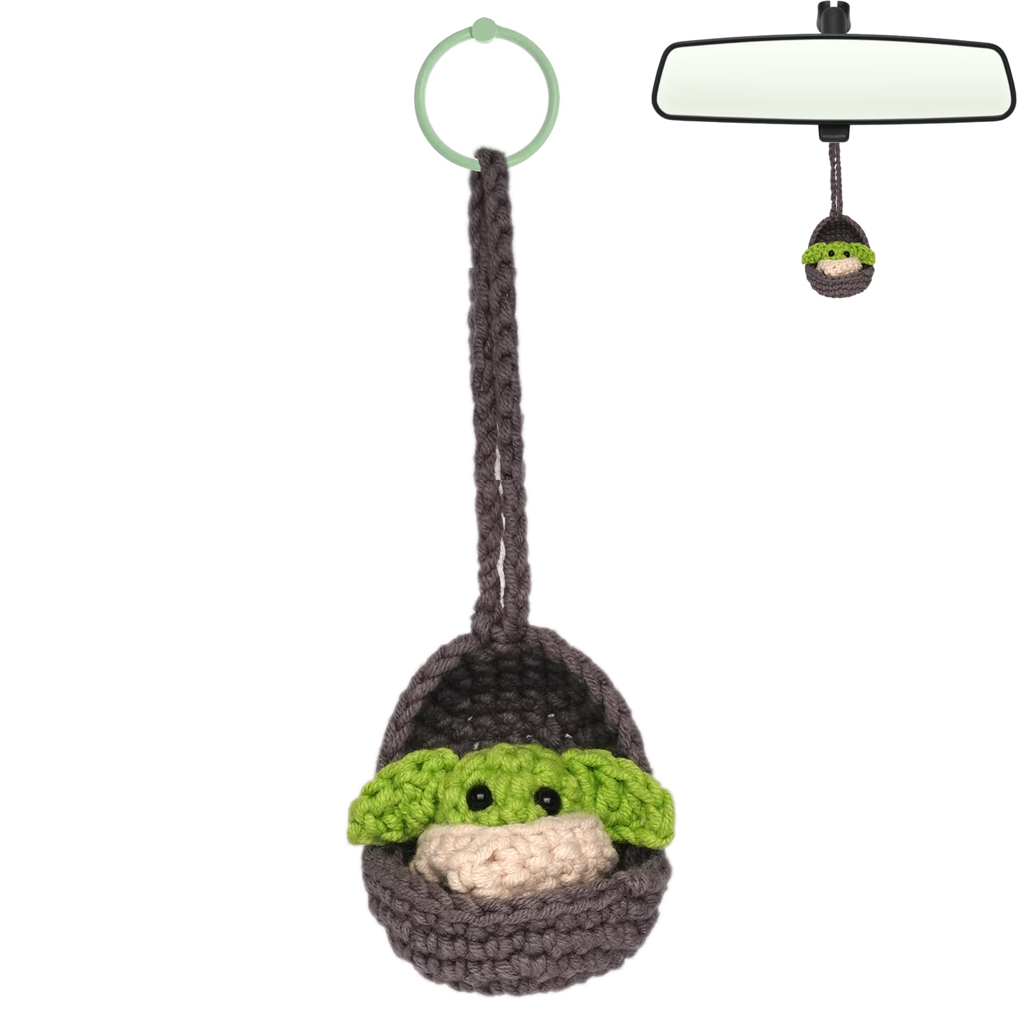 Handmade Crochet Baby Yoda Hanging Car Ornament - Aesthetic Car Accessories for Women - Cute Rear View Mirror Charm for Car Decor - Perfect Gift for Star Wars Fans & Baby Showers