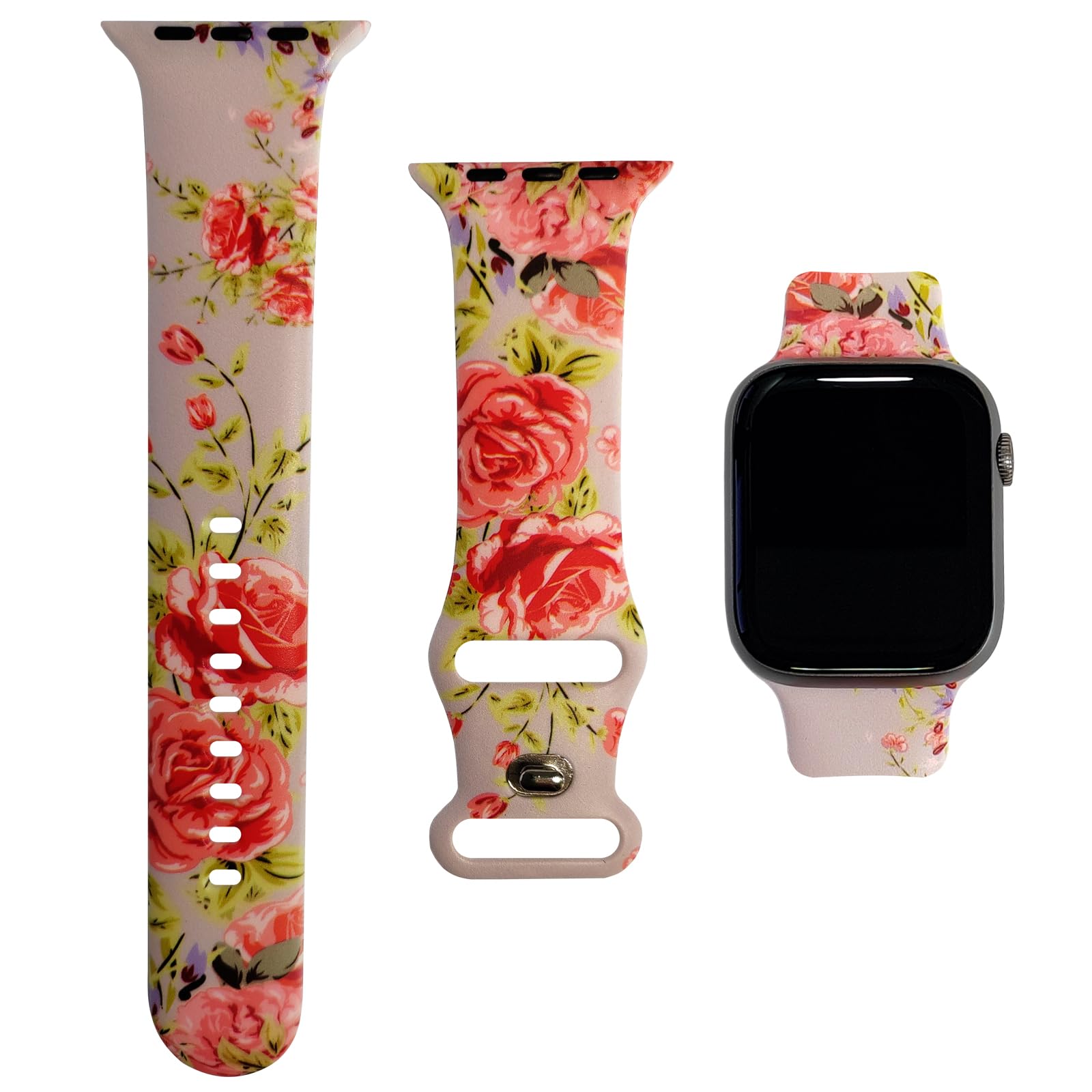 Sport Band Compatible with Apple Watch Series 8/7/6/5/4/3/2/1/SE - 49mm 45mm 44mm 42mm 41mm 40mm 38mm Silicone Strap with Fadeless Rose Pattern - Fashionable & Durable Watch Band for Women & Girls - Perfect for Workouts, Running, Gym & Daily Wear