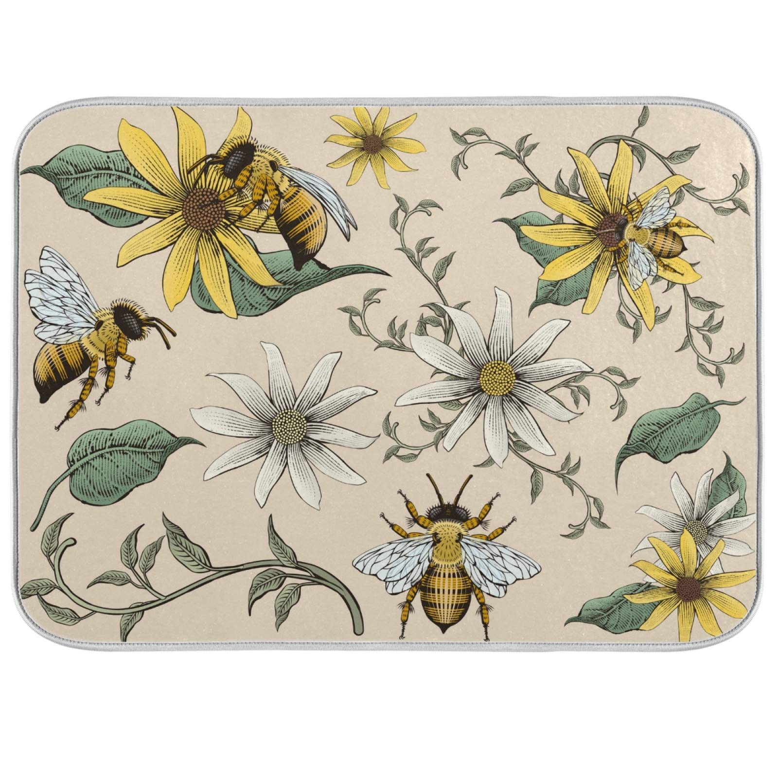 Retro Honey Bees and Flowers Dish Drying Mat - 18x24 Inch Soft, Foldable, Absorbent Kitchen Countertop Pad | Perfect for Drying Dishes, Utensils, and Protecting Countertops