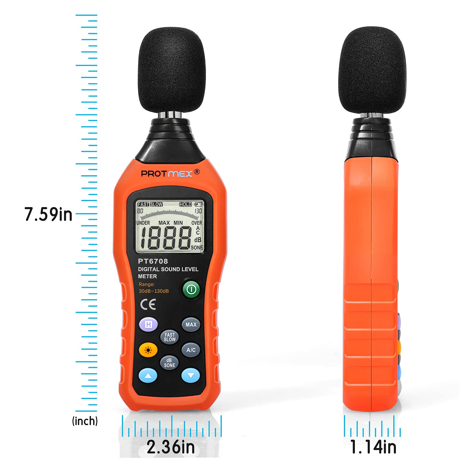 PT6708 Digital Sound Level Meter - 30-130 dB Range, ±1.5dB Accuracy Noise Decibel Reader with Large LCD Display & Fast/Slow Mode (Batteries Included) - Perfect for Workplace Safety, Industrial Noise Monitoring & Home Acoustics Testing