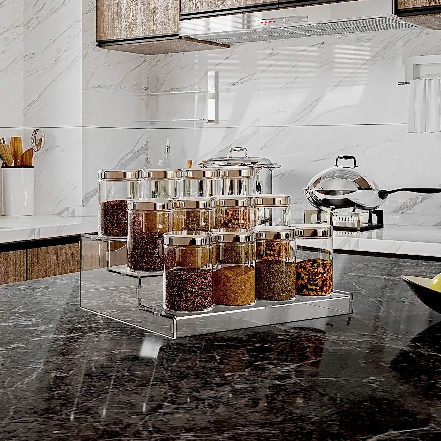 Evron 3-Tier Clear Acrylic Spice Rack Organizer - 10.5 Inch Pantry & Cabinet Storage Solution for Kitchen Countertop (Assembly Required) - Perfect for Organizing Spices, Jars, and Small Bottles in Your Home Kitchen
