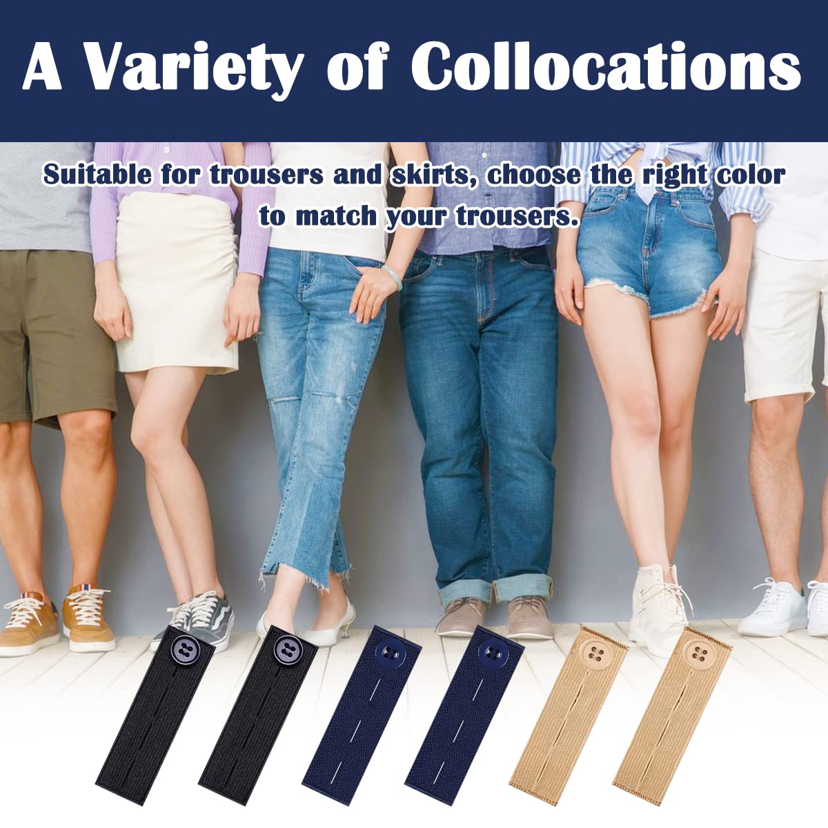 Elastic Waist Extenders for Pants - 8 Pack Adjustable Belt Extender for Women & Men - Works with Jeans, Dresses & Button Pants (Black, Blue, Khaki) - Perfect for Travel, Pregnancy & Weight Fluctuations