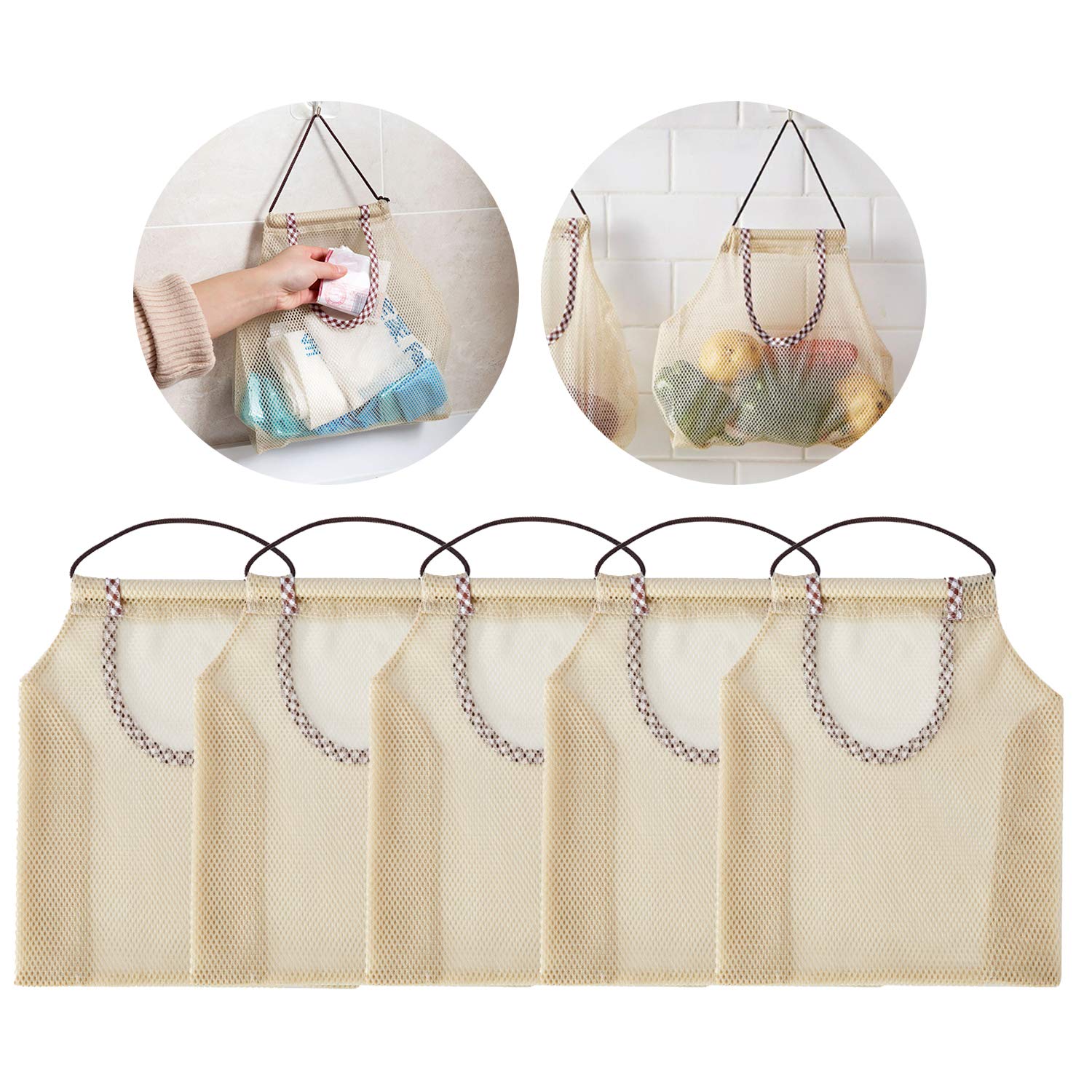 5PCS Breathable Hanging Mesh Storage Bags for Potatoes, Onions, Garlic - Reusable Kitchen Organizer for Fruits & Vegetables - Perfect for Pantry, Grocery Storage & Home Organization