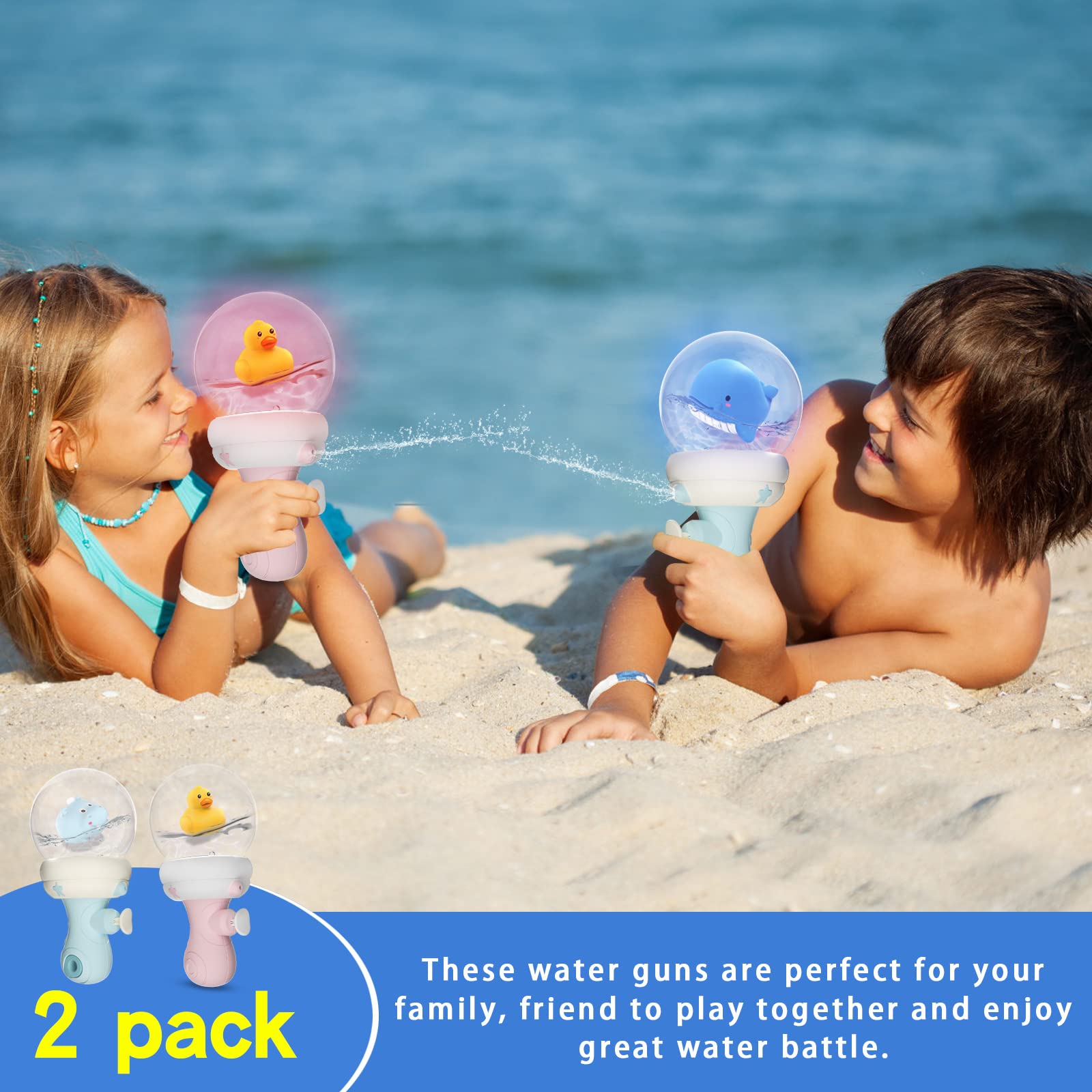 2 Pack Water Guns for Kids - Light Up Water Squirt Toys with 4 Floating Bubbles | Outdoor Water Fight Toys for Boys & Girls | Perfect for Pool, Beach, Backyard Parties & Summer Fun Gifts