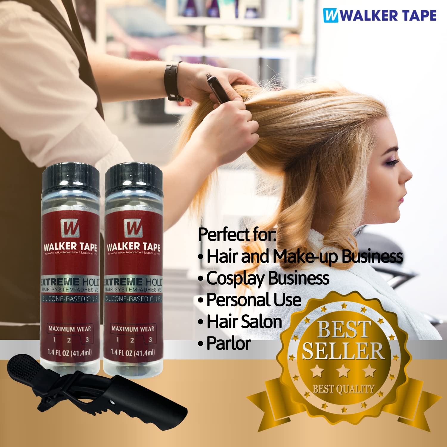 2pcs Extreme Hold Wig Glue 1.4oz with Black Hair Clips | Waterproof Invisible Lace Adhesive for Wigs & Toupees | Long-Lasting Strong Hold for Front Lace Wigs, Weaves & Extensions | Perfect for Daily Wear, Cosplay & Active Lifestyles