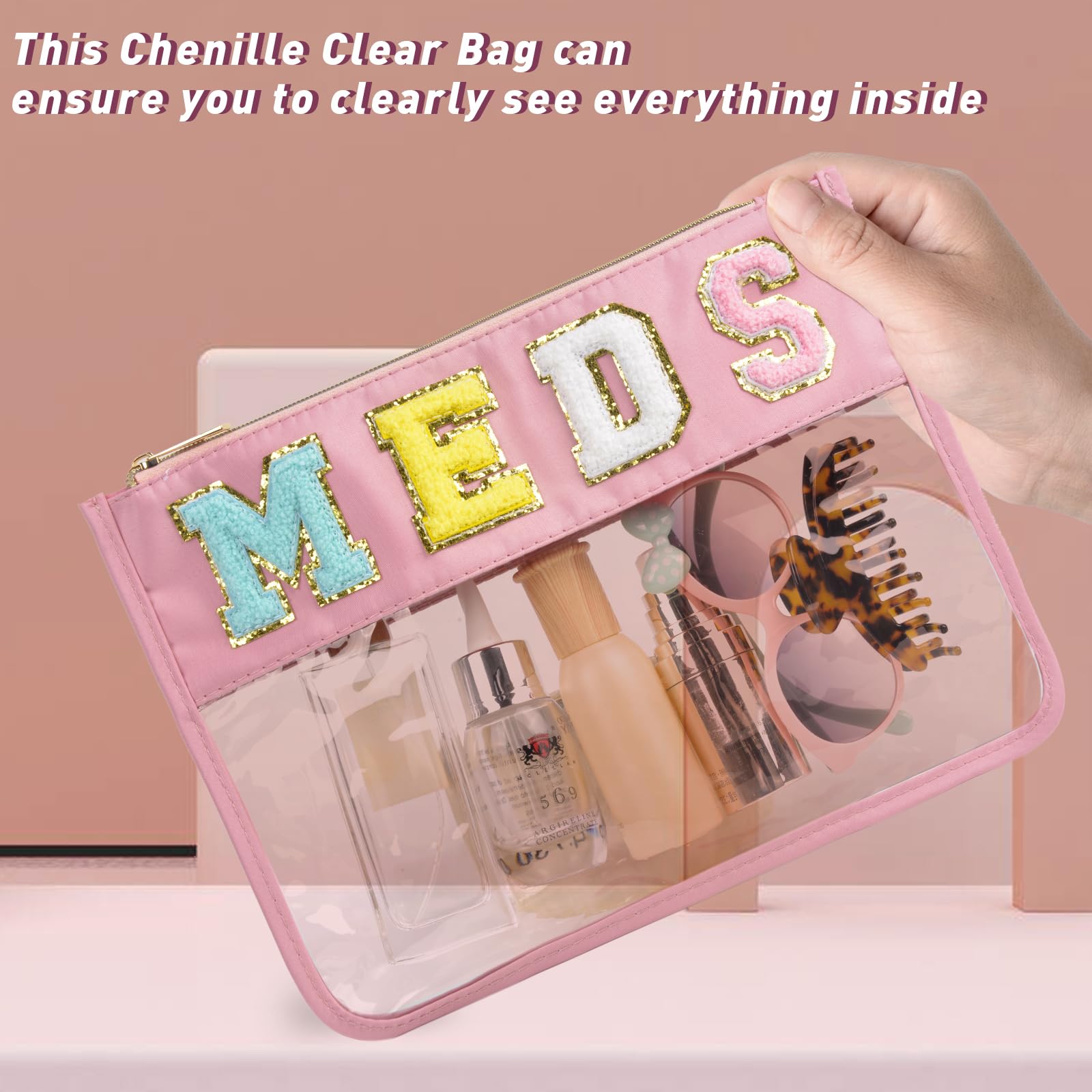 Preppy Chenille Letter Snack Bags - Waterproof Zippered Nylon & PVC Pouch for Travel, Medicine, Makeup & Cosmetics | Cute Monogrammed Stadium Purse for Women & Girls (Pink) - Perfect for School, Gym, Beach & Daily Essentials Organization