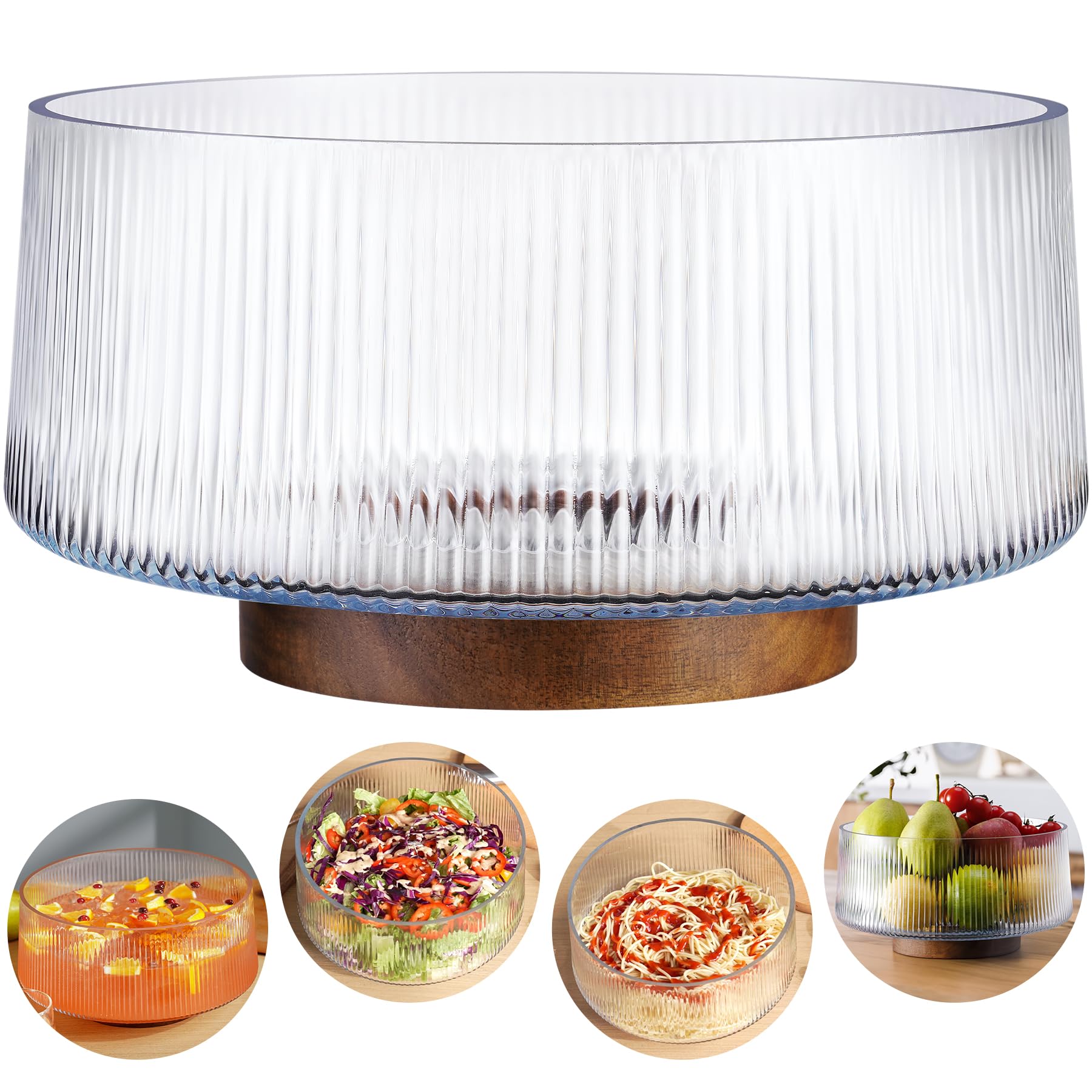 NiHome Large Glass Salad Bowl with Wood Base - Perfect for Family Dinners & Parties