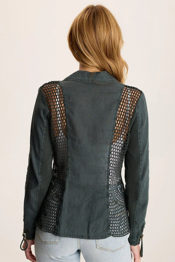 Contessa Crochet Linen Blazer for Women - Elegant Silken Pine Green Summer Jacket - Perfect for Office Wear, Weddings & Outdoor Events