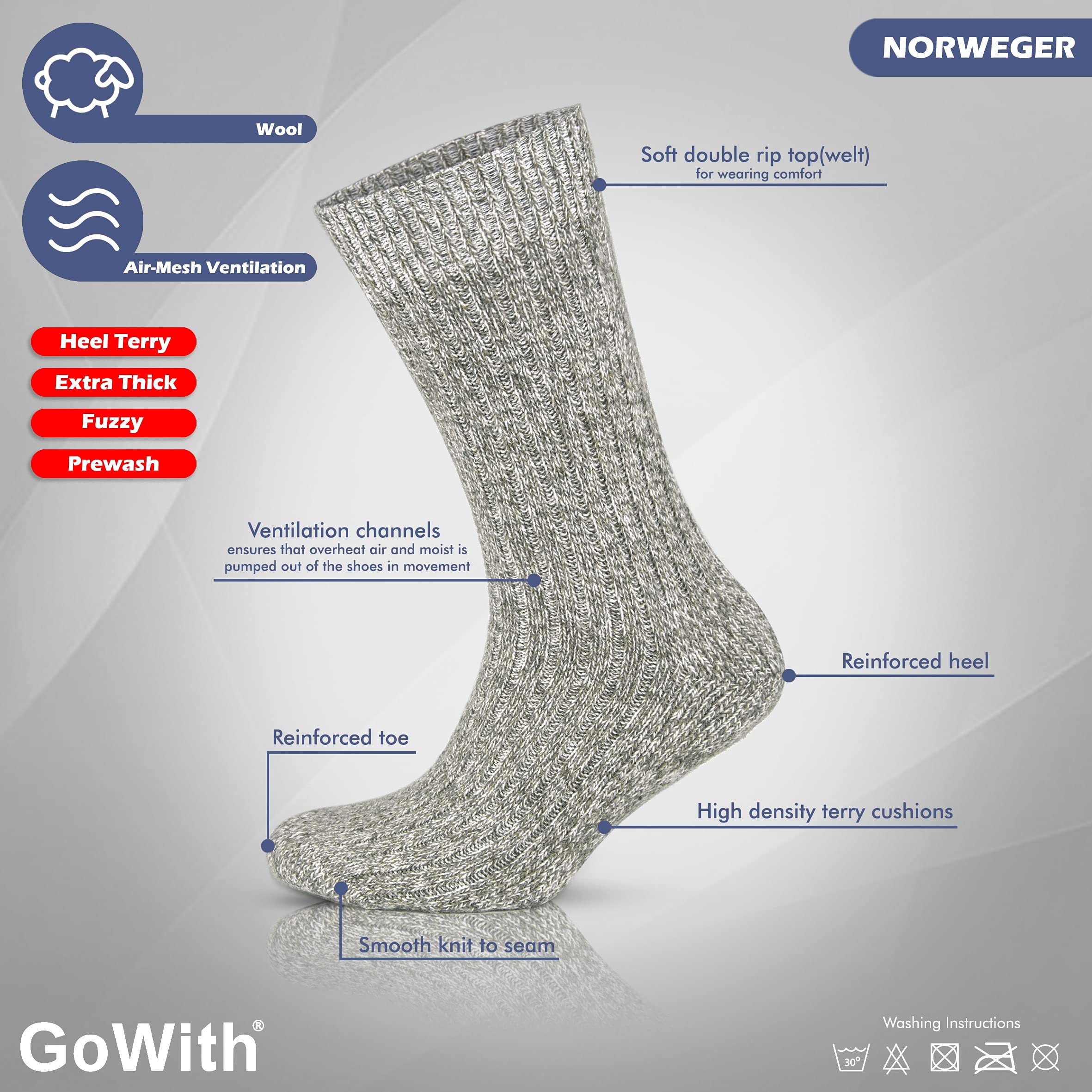 GoWith 3 Pairs Men's Thick Merino Wool Socks - Warm Cozy Winter Crew Socks for Hiking, Skiing & Outdoor Activities - Thermal Full-Terry Fuzzy Knit Socks for Cold Weather Comfort