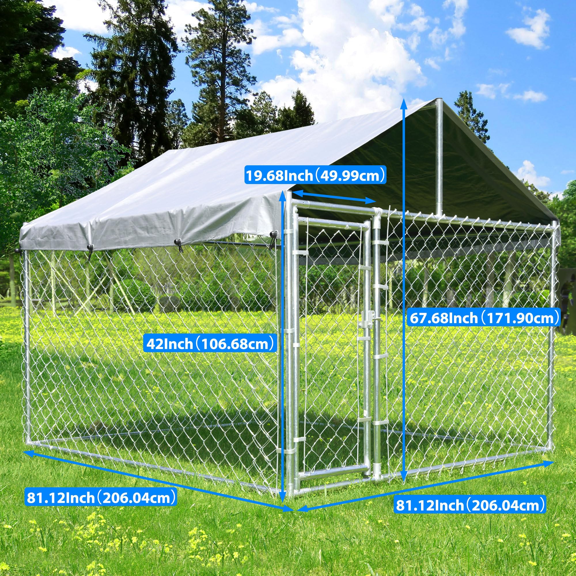 Heavy Duty Large Outdoor Dog Kennel with Cover & Secure Lock - 6.8'L x 6.8'W x 5.6'H Chain Link Dog Crate with Waterproof UV-Resistant Roof - Perfect for Backyard, Farm, or Pet Containment (Great for German Shepherds, Labs & Large Breeds)