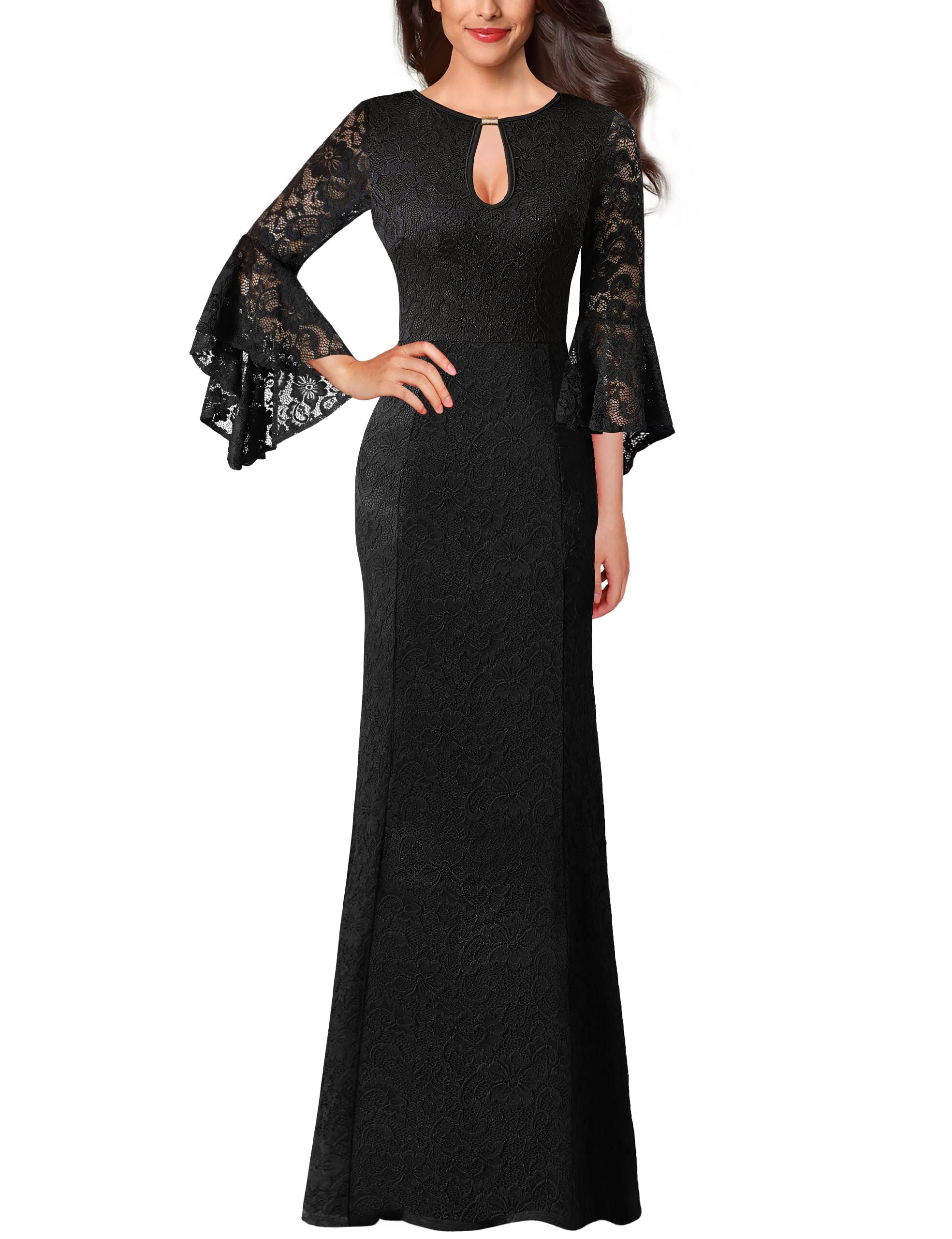 VFSHOW Women's Elegant Keyhole Front Bell Sleeve Formal Evening Gown - Perfect for Wedding, Party, Prom & Special Occasions