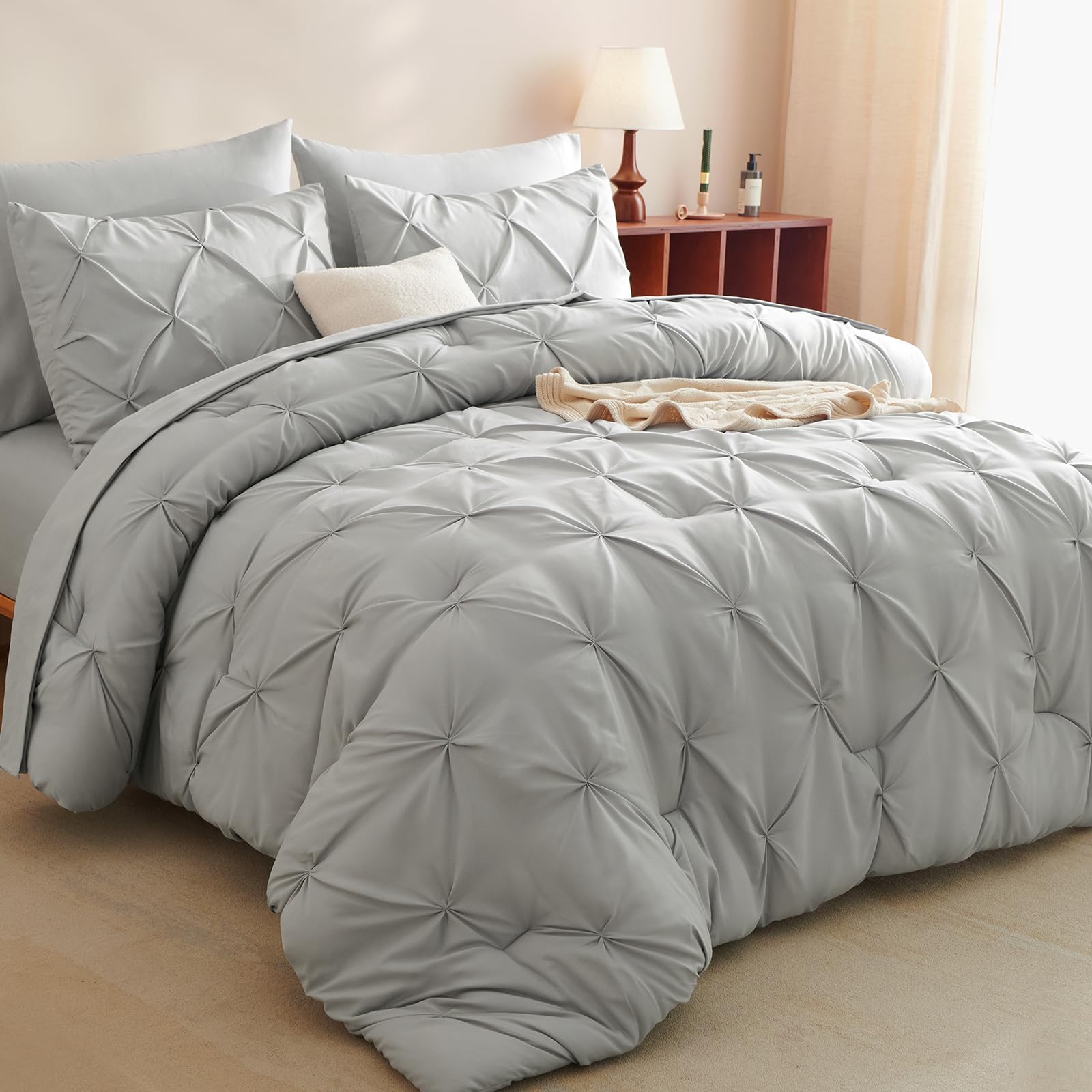 CozyLux 7-Piece Queen Size Comforter Set - Light Gray Pintuck Bed in a Bag with All-Season Comforter, Sheets & Pillowcases | Perfect for Master Bedroom, Guest Room & Vacation Homes