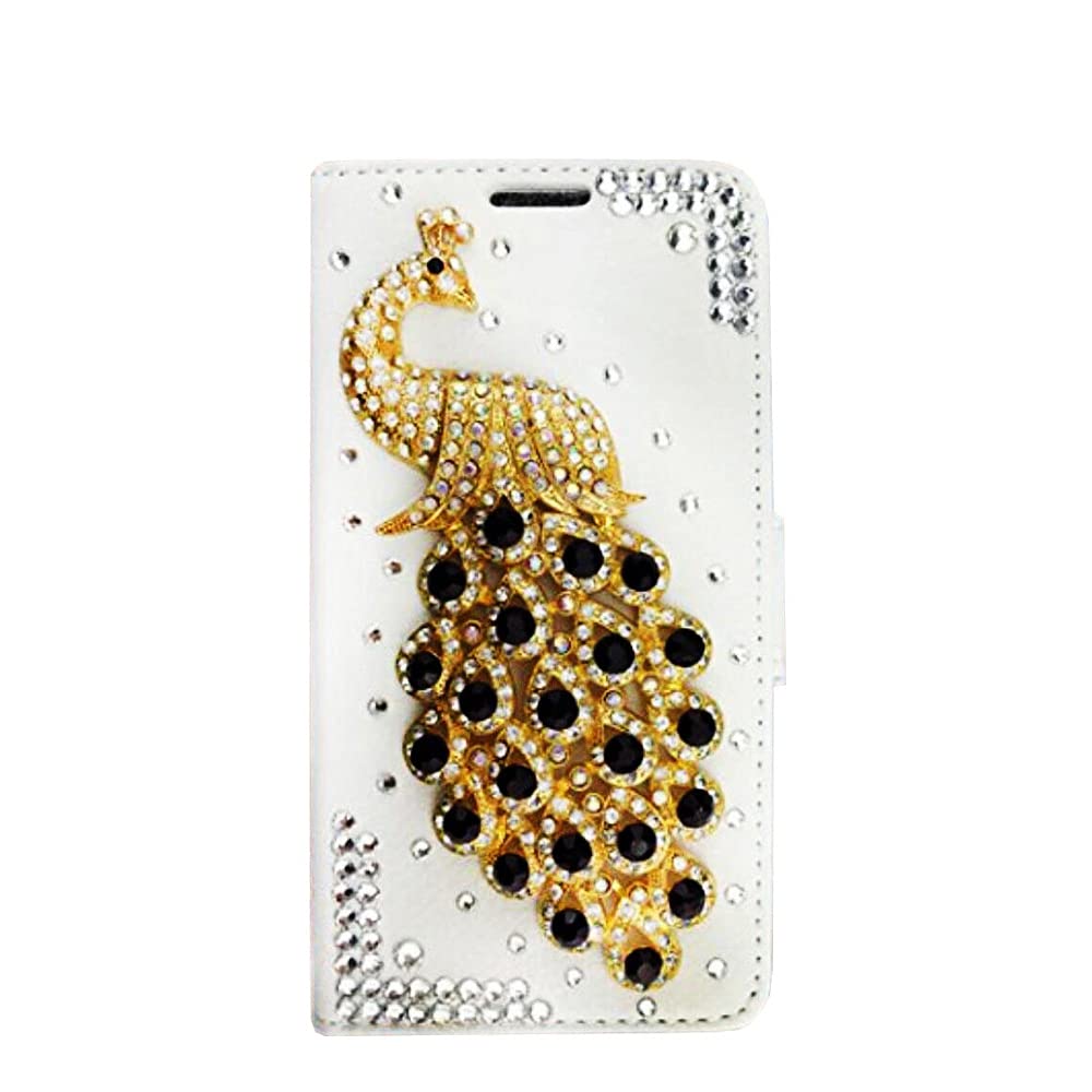 Sparkly 3D Handmade Crystal Wallet Phone Case for iPhone 13 Pro Max - Peacock & Black Leather Cover with Screen Protector (2 Pack) | Perfect for Parties, Weddings & Everyday Glam Accessory