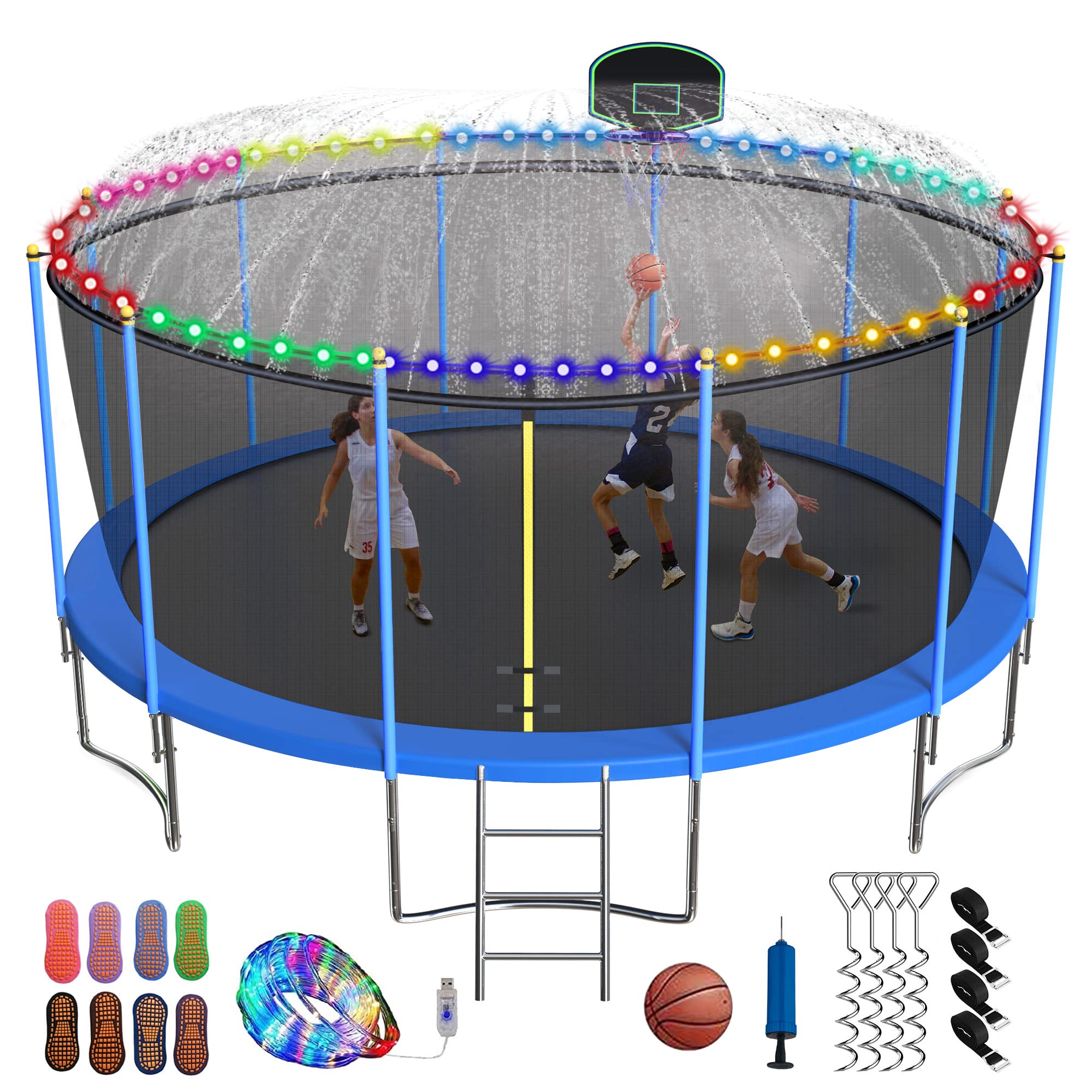 YORIN Heavy Duty 1500LBS Capacity Water Trampoline with Sprinkler & LED Lights - 12FT/14FT/15FT/16FT Sizes for Adults & Kids (8-10) - Includes Safety Enclosure Net, Basketball Hoop, Ladder, 16 Socks & 4 Anchors - ASTM/CPC/CPSIA Certified - Perfect for Backyard, Lake or Beach Water Fun
