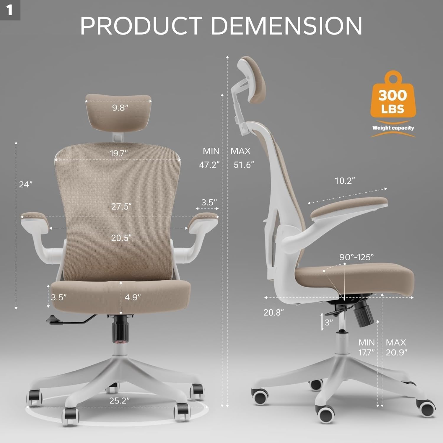 Ergonomic Office Chair with Lumbar Support & Thickened Cushion - Adjustable Headrest & Flip-Up Armrests - Rolling Desk Chair for Home & Office - Perfect for Long Work Hours & Gaming Sessions (Khaki)