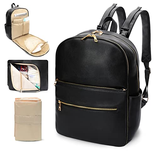 Premium Leather Diaper Backpack for Moms & Dads - Large Capacity Waterproof Baby Bag with 18 Organizer Pockets, 6 Insulated Compartments, Changing Pad & Stroller Straps (Black) | Perfect for Travel, Daycare & Family Outings
