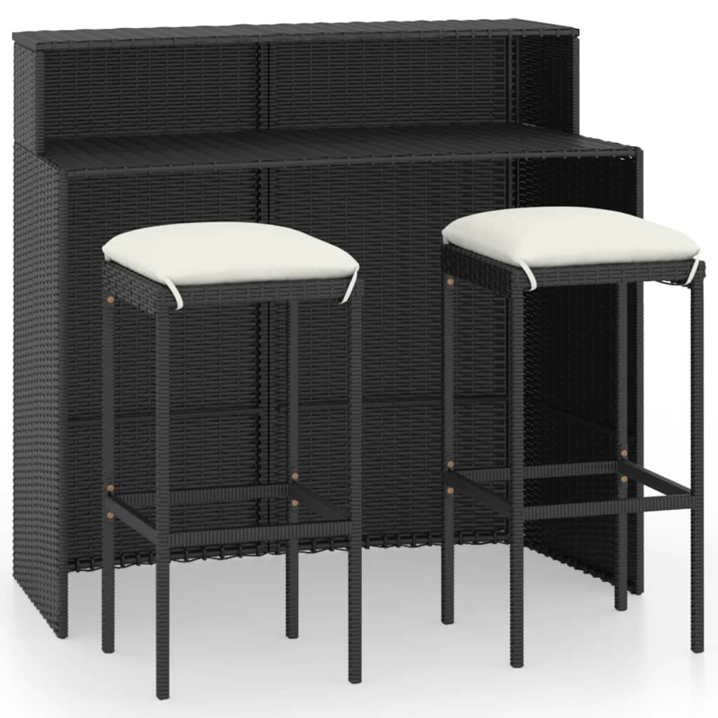 vidaXL 3-Piece Patio Bar Set with Cushions - Outdoor Bar Table & Stools with Footrest - Modern Farmhouse Black Dining Furniture for Backyard, Deck, or Poolside