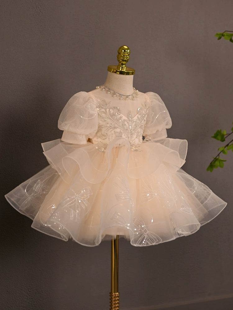 Champagne Princess Sweetheart Tea-Length Tulle Flower Girl Dress for Weddings, Baptisms & Special Occasions
