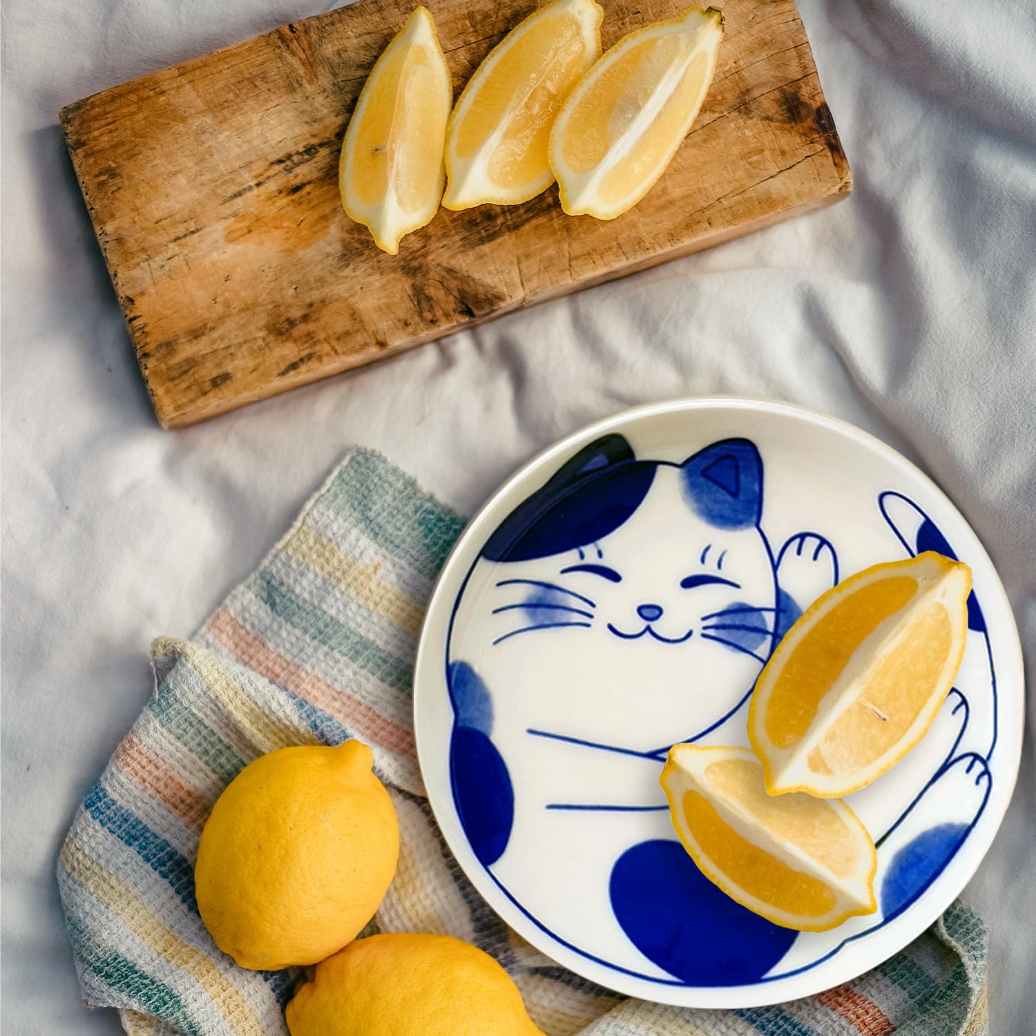 Adorable Cat-Themed Ceramic Dessert Plates Set of 4 - Perfect for Dipping Sauces, Sushi, Appetizers & Soy Sauce - Ideal Cat Lover Gift for Dinnerware Sets (Includes Free Spoon & Fork) - Great for Tea Parties, Japanese Cuisine & Home Decor
