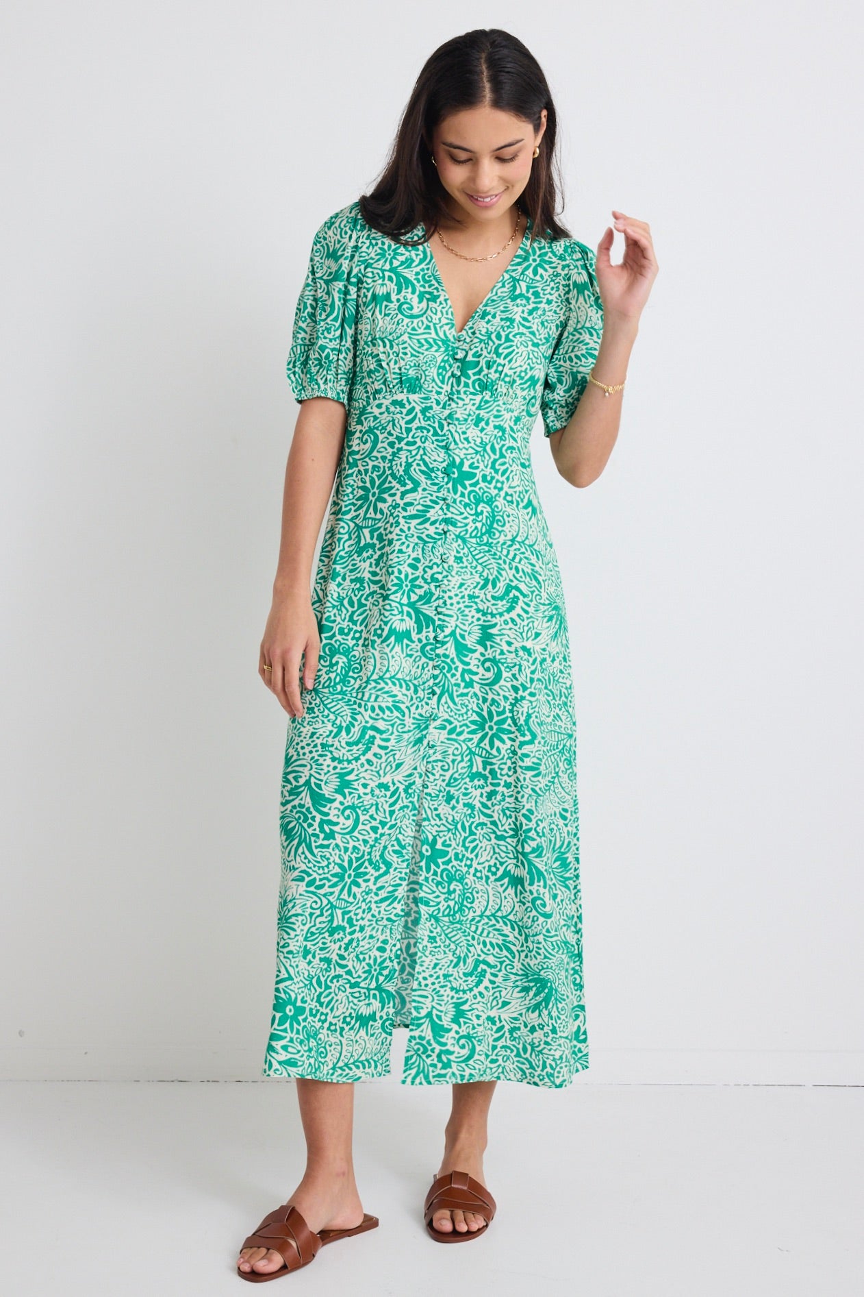 Elemental Green Batik Print Short Sleeve Button Front Midi Dress - Boho Chic Summer Dress for Beach Vacation, Date Night & Casual Outings
