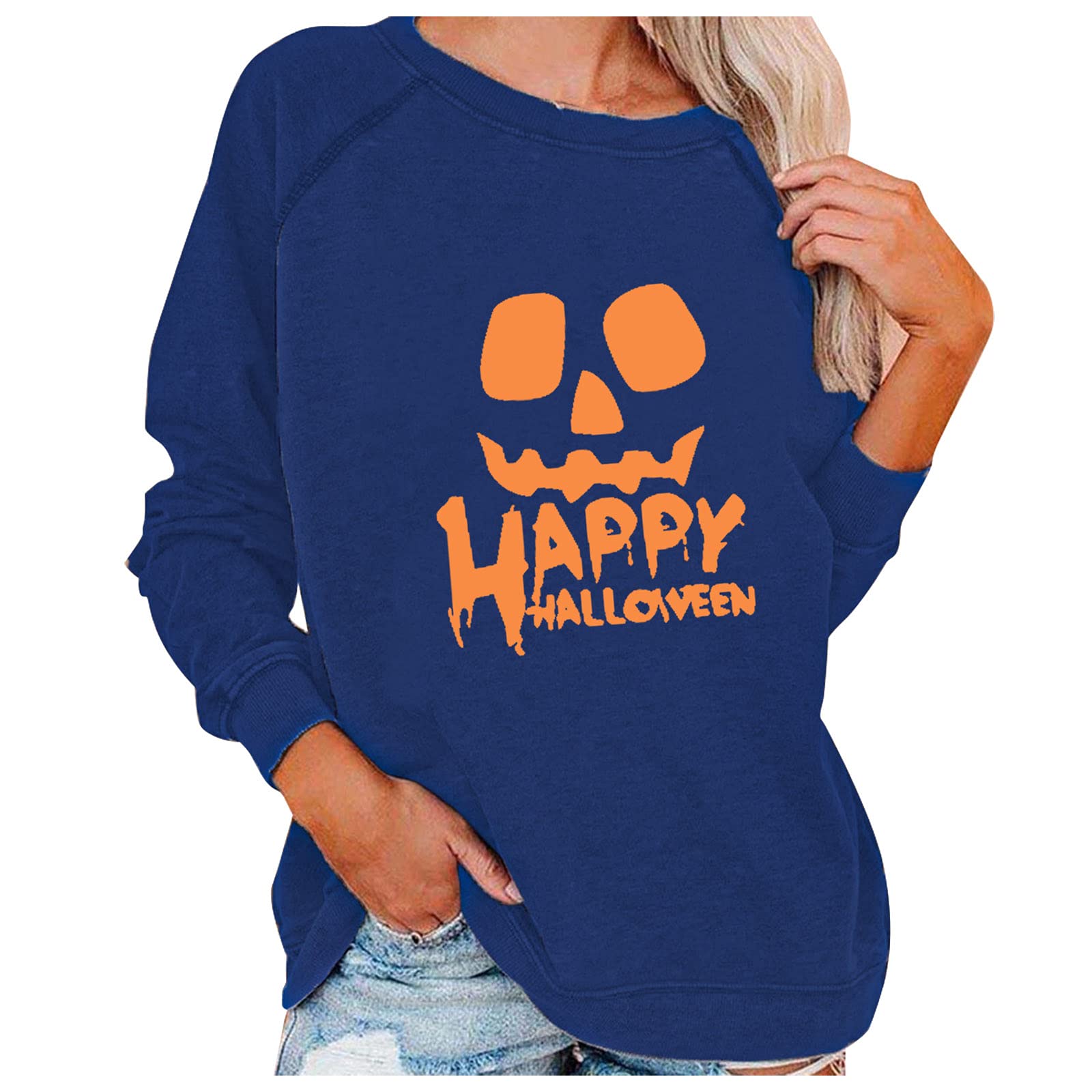 Women's Halloween Pumpkin Print Long Sleeve Sweatshirt - Lightweight Casual Pullover Top for Fall & Spooky Season Outfits | Perfect for Costume Parties, Trick-or-Treating & Autumn Layering